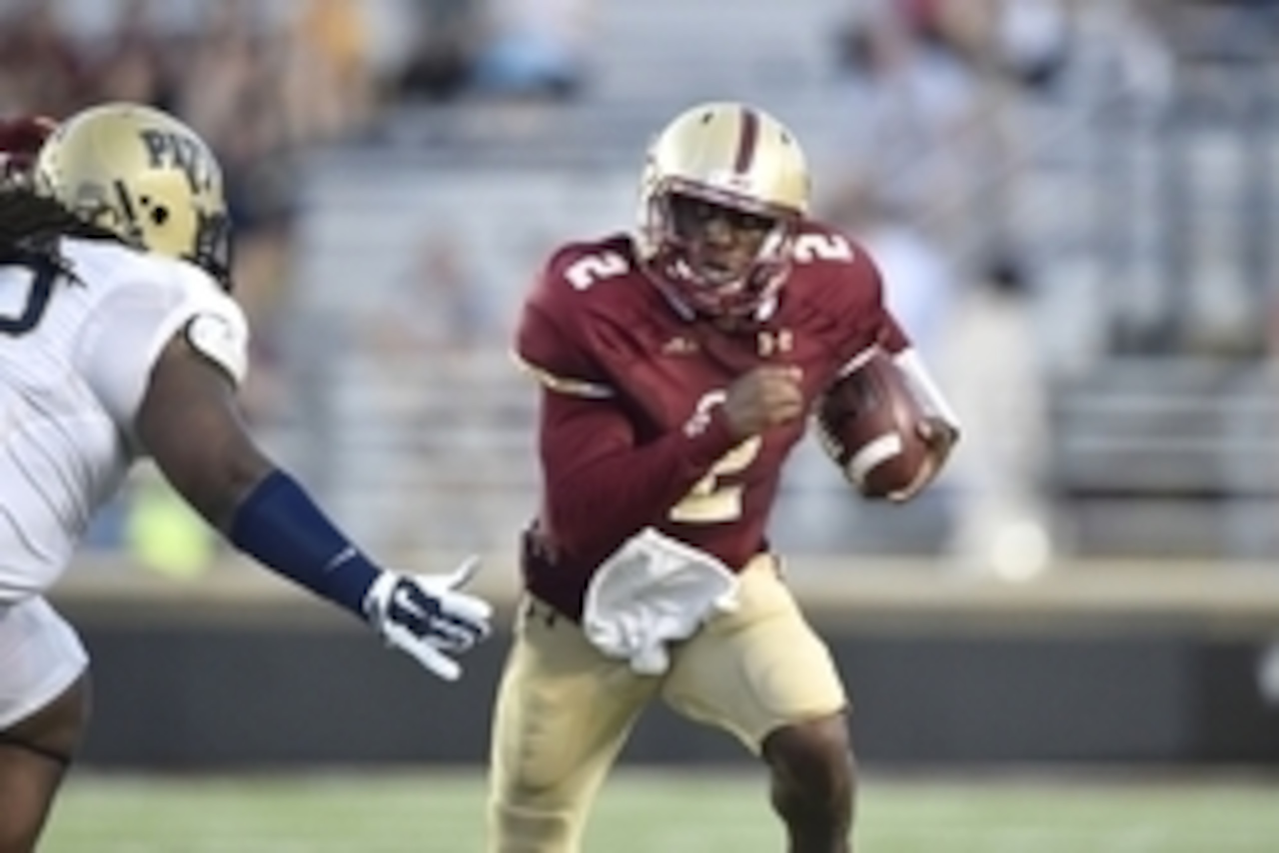 Sep 5, 2014; Boston, MA, USA; Boston College Eagles quarterback Tyler Murphy (2) runs the ball against the Pittsburgh Panthers during the first half at Alumni Stadium. Mandatory Credit: Gregory J. Fisher-USA TODAY Sports Sep 5, 2014; Boston, MA, USA; Boston College Eagles quarterback Tyler Murphy (2) runs the ball against the Pittsburgh Panthers during the first half at Alumni Stadium. Mandatory Credit: Gregory J. Fisher-USA TODAY Sports