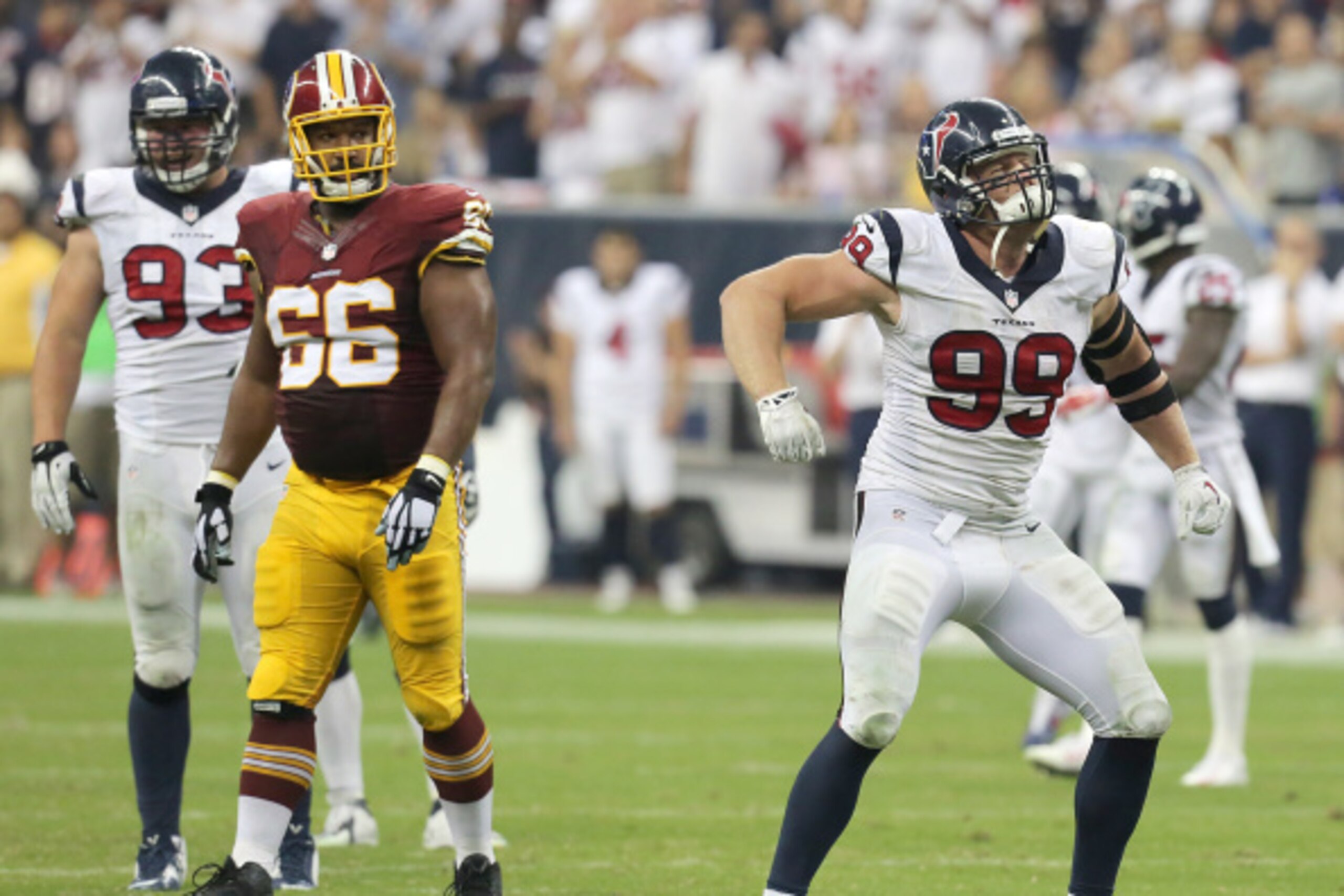 HOUSTON, TX- SEPTEMBER 07: Houston Texans defensive end J.J. Watt #99 celebrates sacking Washington Redskins quarterback Robert Griffin III #10 in the third quater on September 7, 2014 at NRG Stadium in Houston, Texas. (Photo by Thomas B. Shea/Getty Image