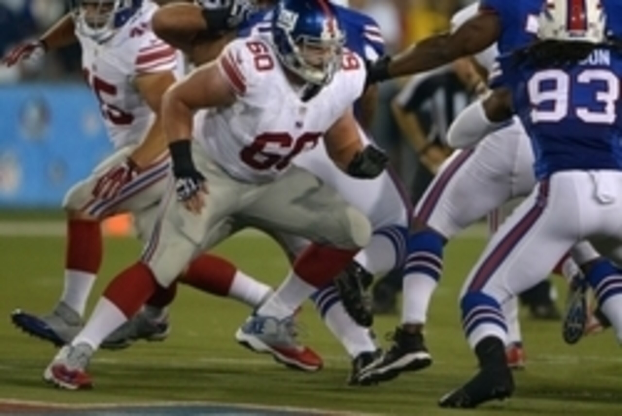 Aug 3, 2014; Canton, OH, USA; New York Giants center Weston Richburg (60) against the Buffalo Bills in the 2014 Hall of Fame game at Fawcett Stadium. Mandatory Credit: Kirby Lee-USA TODAY Sports
