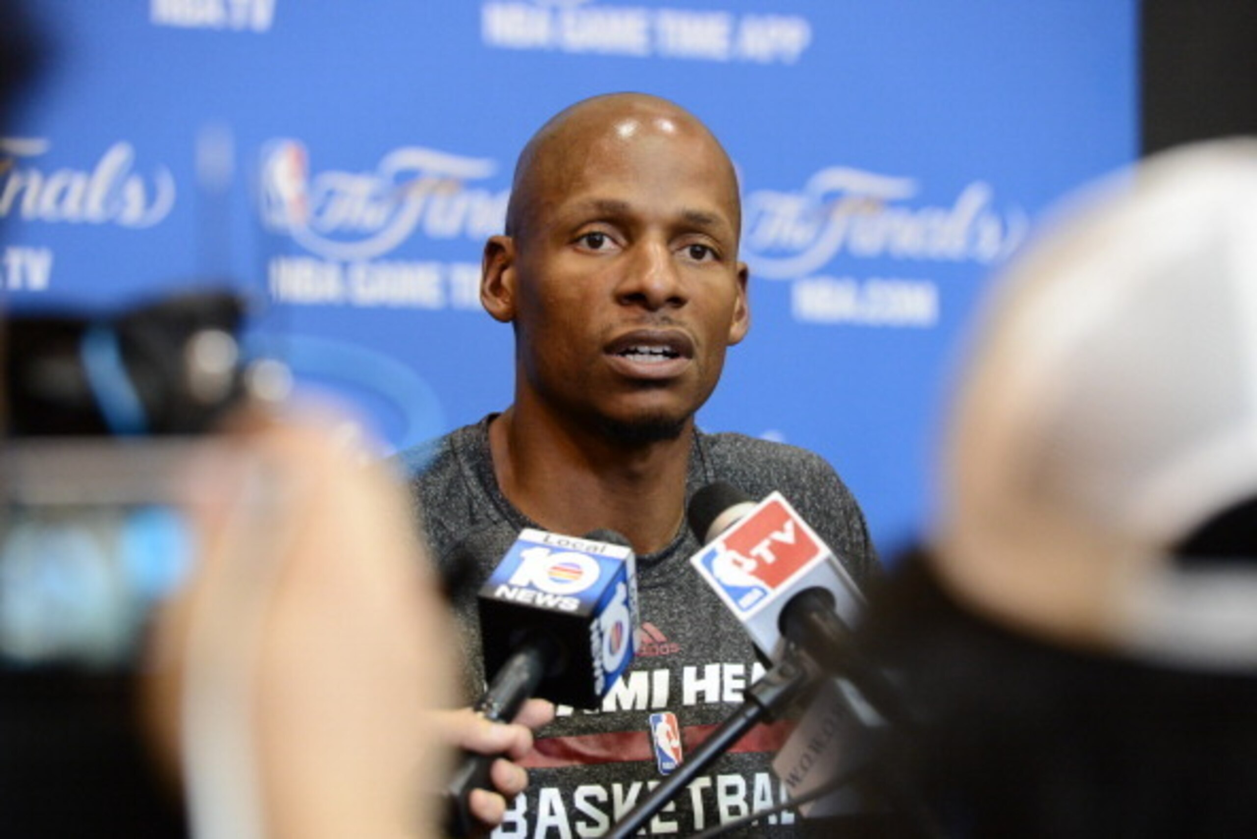 SAN ANTONIO, TX - JUNE 14: Ray Allen #34 of the Miami Heat speaks to the media during practice and media availability as part of the 2014 NBA Finals on June 14, 2014 at the Spurs Practice Facility in San Antonio, Texas. NOTE TO USER: User expressly acknow
