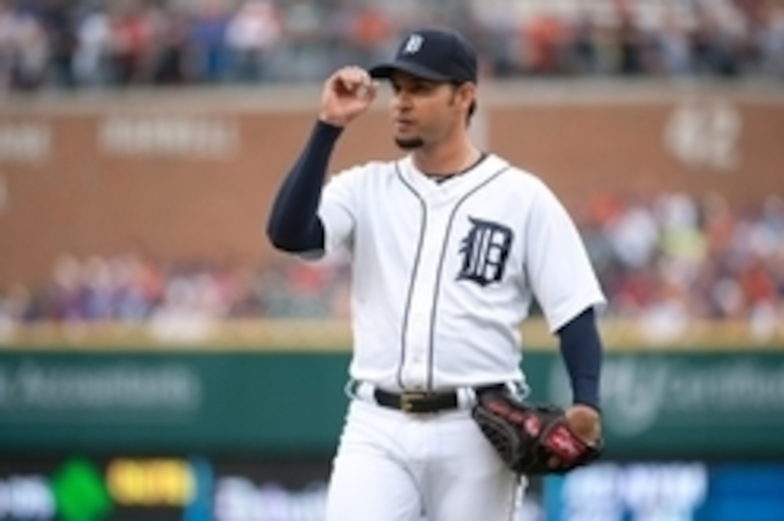 Jul 18, 2014; Detroit, MI, USA; Detroit Tigers starting pitcher Anibal Sanchez (19) fist pumps during the first inning against the Cleveland Indians at Comerica Park. Mandatory Credit: Tim Fuller-USA TODAY Sports