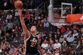 LOS ANGELES, CA - OCTOBER 23: Rudy Gobert #27 of the Utah Jazz blocks the shot against Jamal Crawford #11 of the Los Angeles Clippers at Staples Center on October 23, 2013 in Los Angeles, California. NOTE TO USER: User expressly acknowledges and agrees th