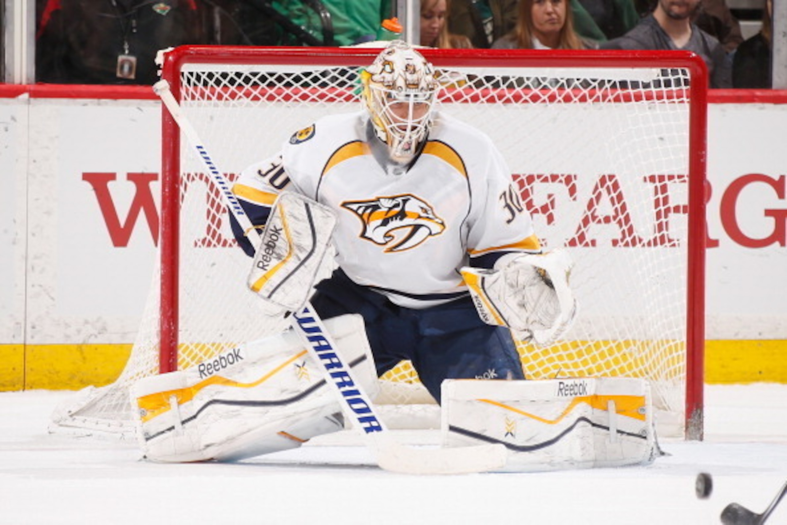 ST. PAUL, MN - APRIL 13: Carter Hutton #30 of the Nashville Predators defends his goal during the game against the Minnesota Wild on April 13, 2014 at the Xcel Energy Center in St. Paul, Minnesota. (Photo by Bruce Kluckhohn/NHLI via Getty Images) ST. PAUL, MN - APRIL 13: Carter Hutton #30 of the Nashville Predators defends his goal during the game against the Minnesota Wild on April 13, 2014 at the Xcel Energy Center in St. Paul, Minnesota. (Photo by Bruce Kluckhohn/NHLI via Getty Images)