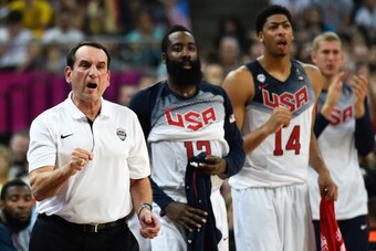 BARCELONA, SPAIN - SEPTEMBER 11:  Head coach Mike Krzyzewski of the USA Basketball Men's National Team reacts during a 2014 FIBA Basketball World Cup semi-final match between USA and Lithuania at Palau Sant Jordi on September 11, 2014 in Barcelona, Spain.