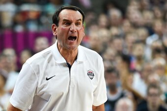 BARCELONA, SPAIN - SEPTEMBER 11:  Head coach Mike Krzyzewski of the USA Basketball Men's National Team reacts during a 2014 FIBA Basketball World Cup semi-final match between USA and Lithuania at Palau Sant Jordi on September 11, 2014 in Barcelona, Spain.