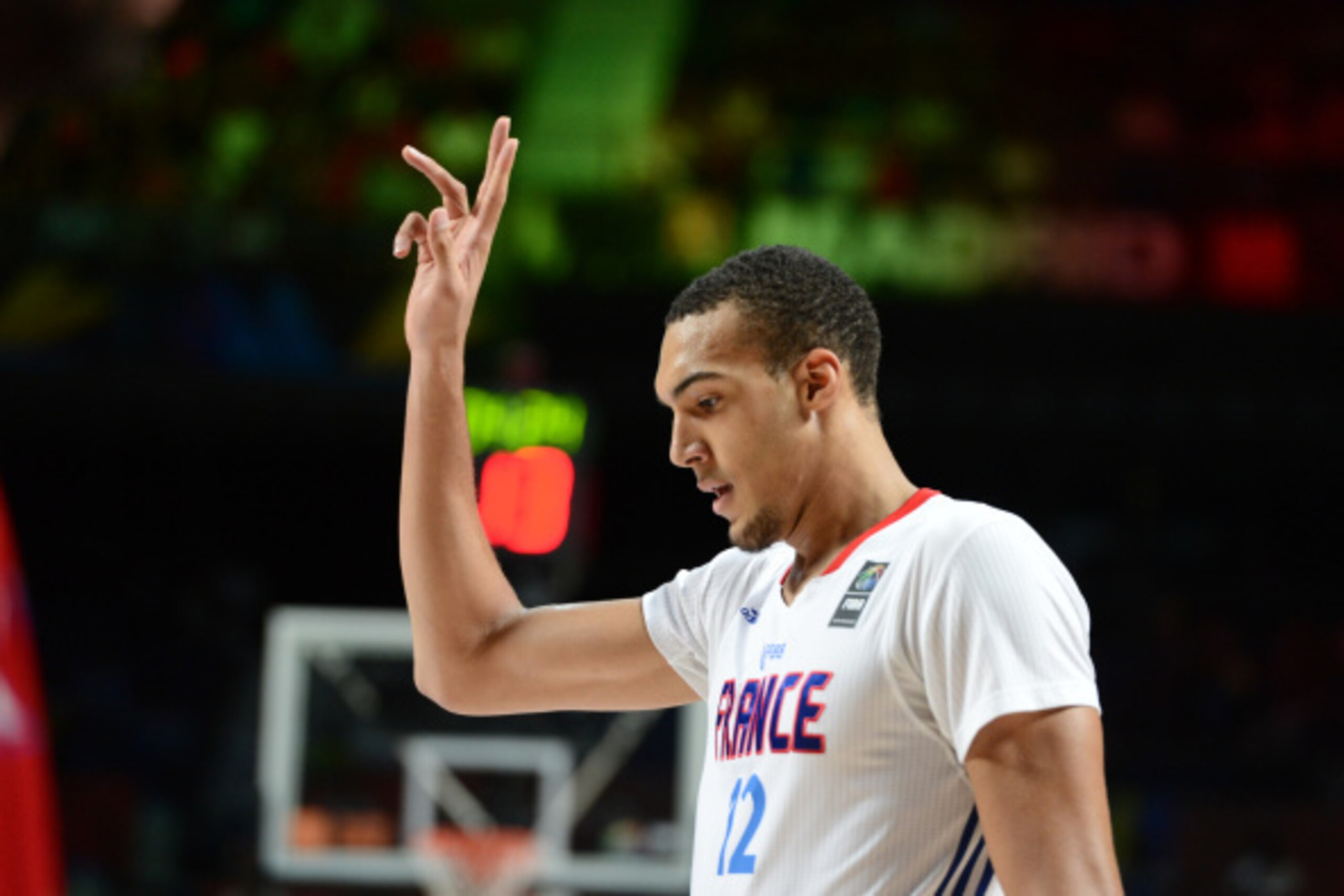 MADRID, SPAIN - SEPTEMBER 12: Rudy Gobert #12 of the France National Team calls a play against the Serbia National Team at Palacio de Deportes on September 12, 2014 in Madrid, Spain.  NOTE TO USER: User expressly acknowledges and agrees that, by downloadi