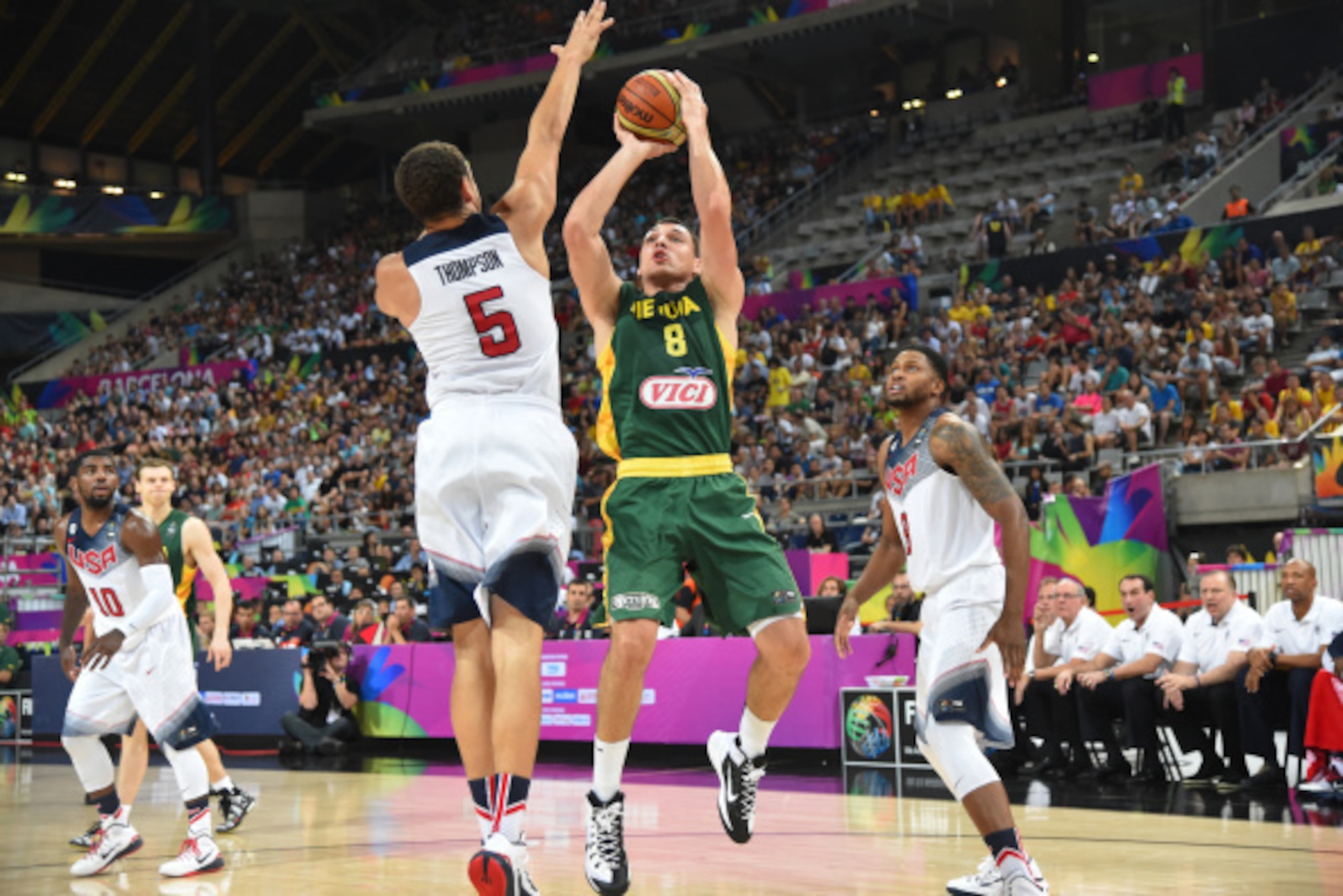 BARCELONA, SPAIN - SEPTEMBER 11: Jonas Maciulis #8 of the Lithuania National Team shoots against Klay Thompson #5 of the USA Basketball Men's National Team during the 2014 FIBA World Cup Semi-Finals at Palau Sant Jordi on September 11, 2014 in Barcelona, 