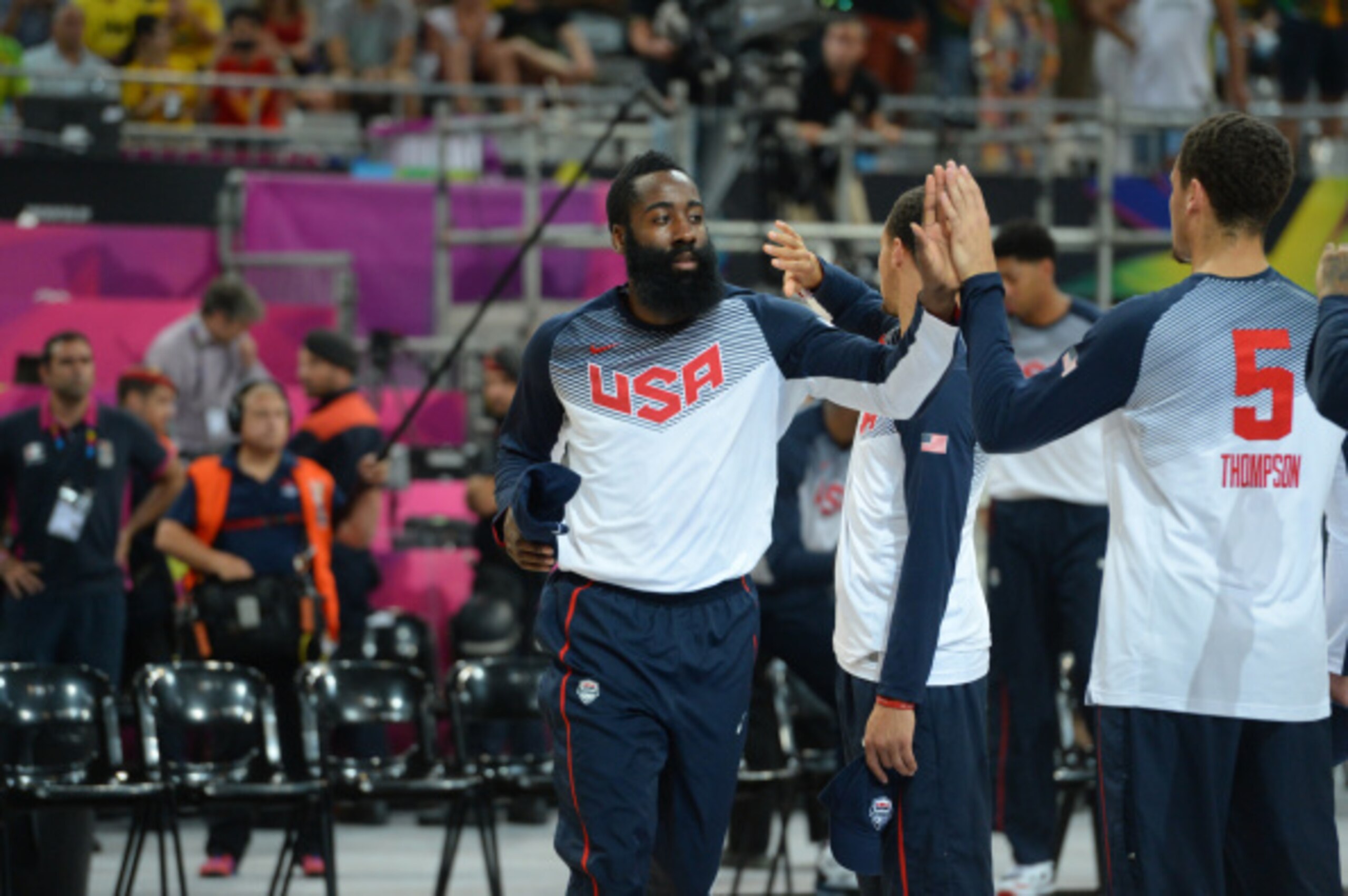 BARCELONA, SPAIN - SEPTEMBER 11: James Harden #13 of the USA Basketball Men's National Team is introduced in the game against the Lithuania National Team during the 2014 FIBA World Cup Semi-Finals at Palau Sant Jordi on September 11, 2014 in Barcelona, Sp