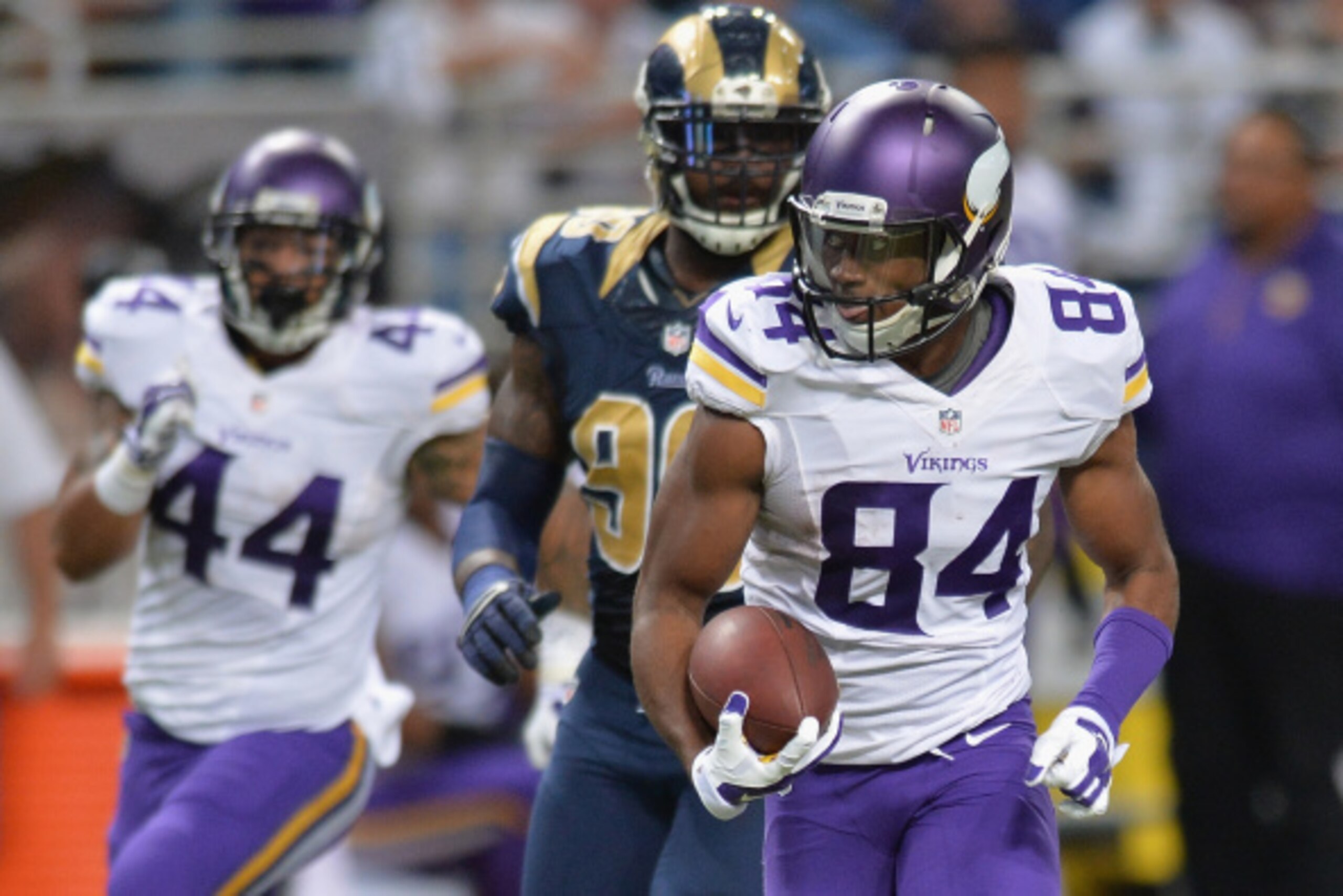 ST. LOUIS, MO - SEPTEMBER 7:  Cordarrelle Patterson #84 of the Minnesota Vikings scores a 67-yard touchdown in the third quarter St. Louis Rams  at the Edward Jones Dome on September 7, 2014 in St. Louis, Missouri. The Vikings defeated the Rams 34-6.  (Ph