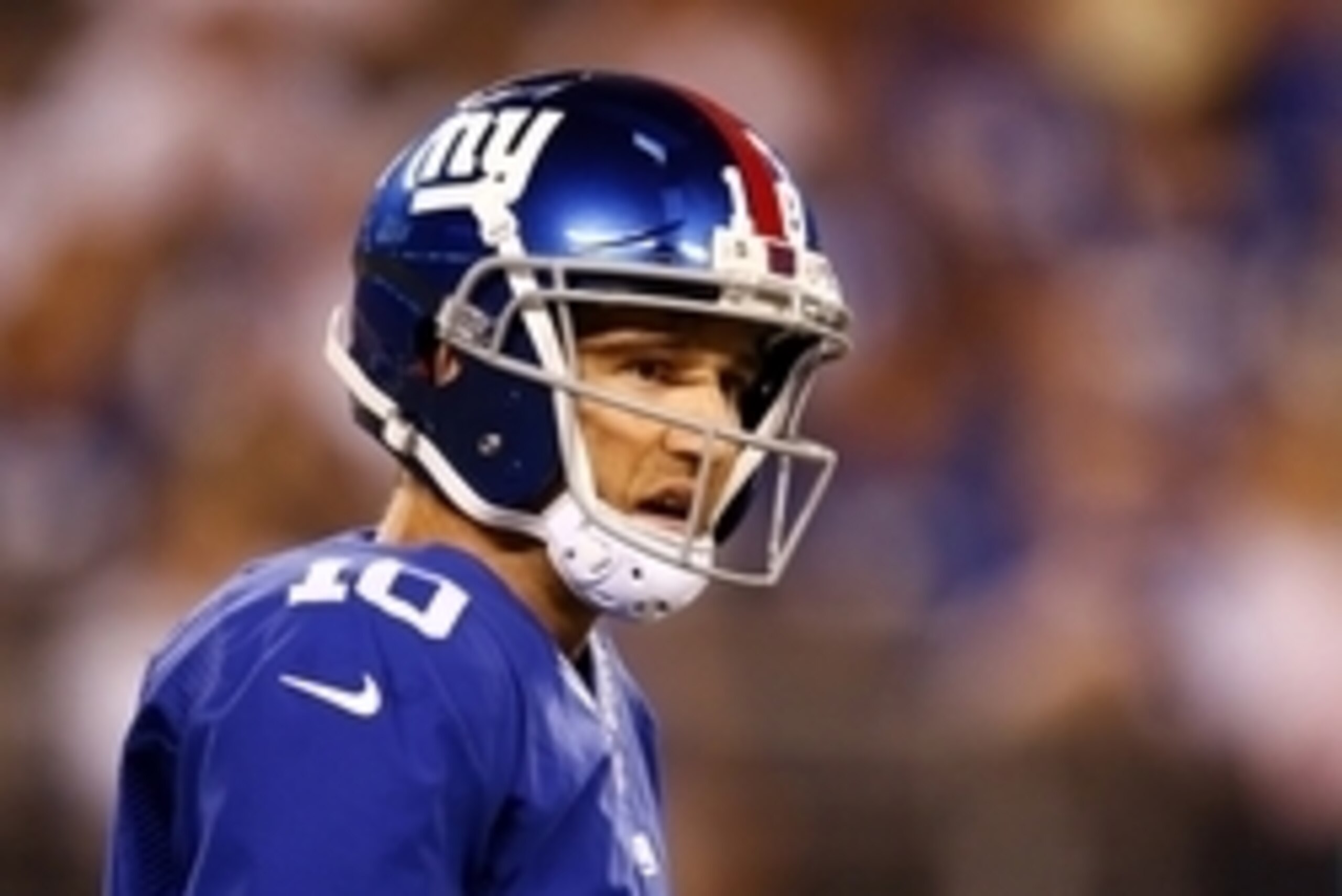 Aug 28, 2014; East Rutherford, NJ, USA; New York Giants quarterback Eli Manning (10) reacts against the New England Patriots during the first quarter at MetLife Stadium. Mandatory Credit: Adam Hunger-USA TODAY Sports