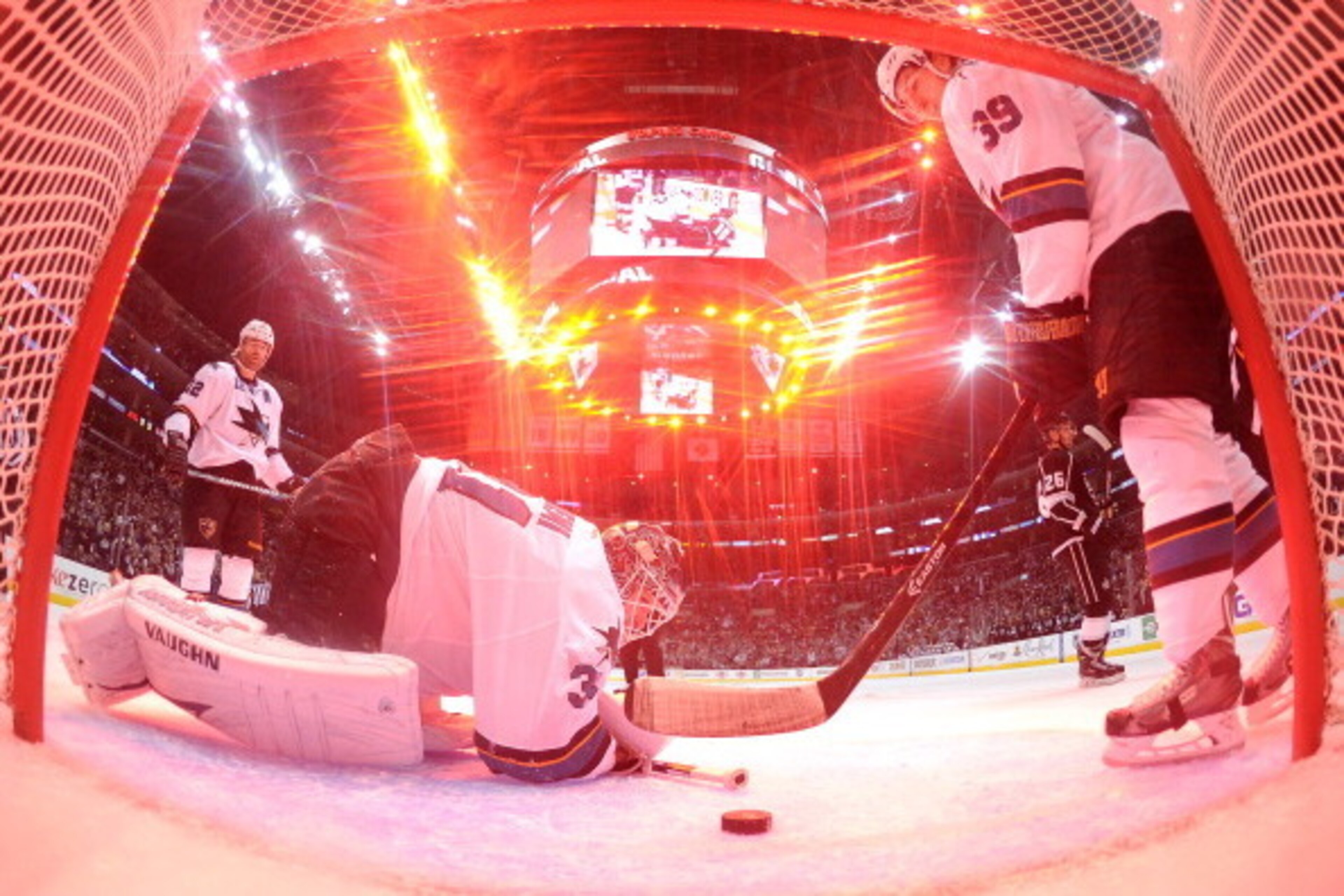 LOS ANGELES, CA - APRIL 24: Logan Couture #39, Antti Niemi #31 and Patrick Marleau #12 of the San Jose Sharks react to a Los Angeles Kings goal during a 6-3 loss in Game Four of the First Round of the 2014 NHL Stanley Cup Playoffs at Staples Center on Ap LOS ANGELES, CA - APRIL 24: Logan Couture #39, Antti Niemi #31 and Patrick Marleau #12 of the San Jose Sharks react to a Los Angeles Kings goal during a 6-3 loss in Game Four of the First Round of the 2014 NHL Stanley Cup Playoffs at Staples Center on Ap