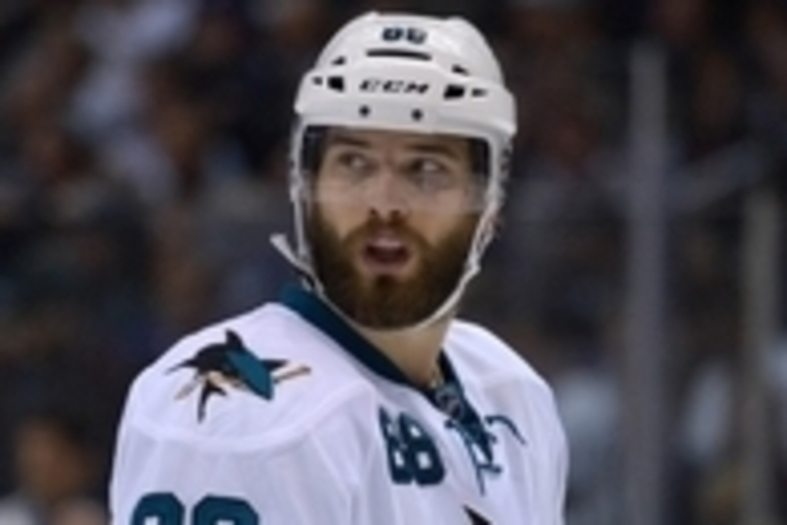 Apr 22, 2014; Los Angeles, CA, USA; San Jose Sharks right wing Brent Burns (88) during game three of the first round of the 2014 Stanley Cup Playoffs against the Los Angeles Kings at Staples Center. Mandatory Credit: Kirby Lee-USA TODAY Sports