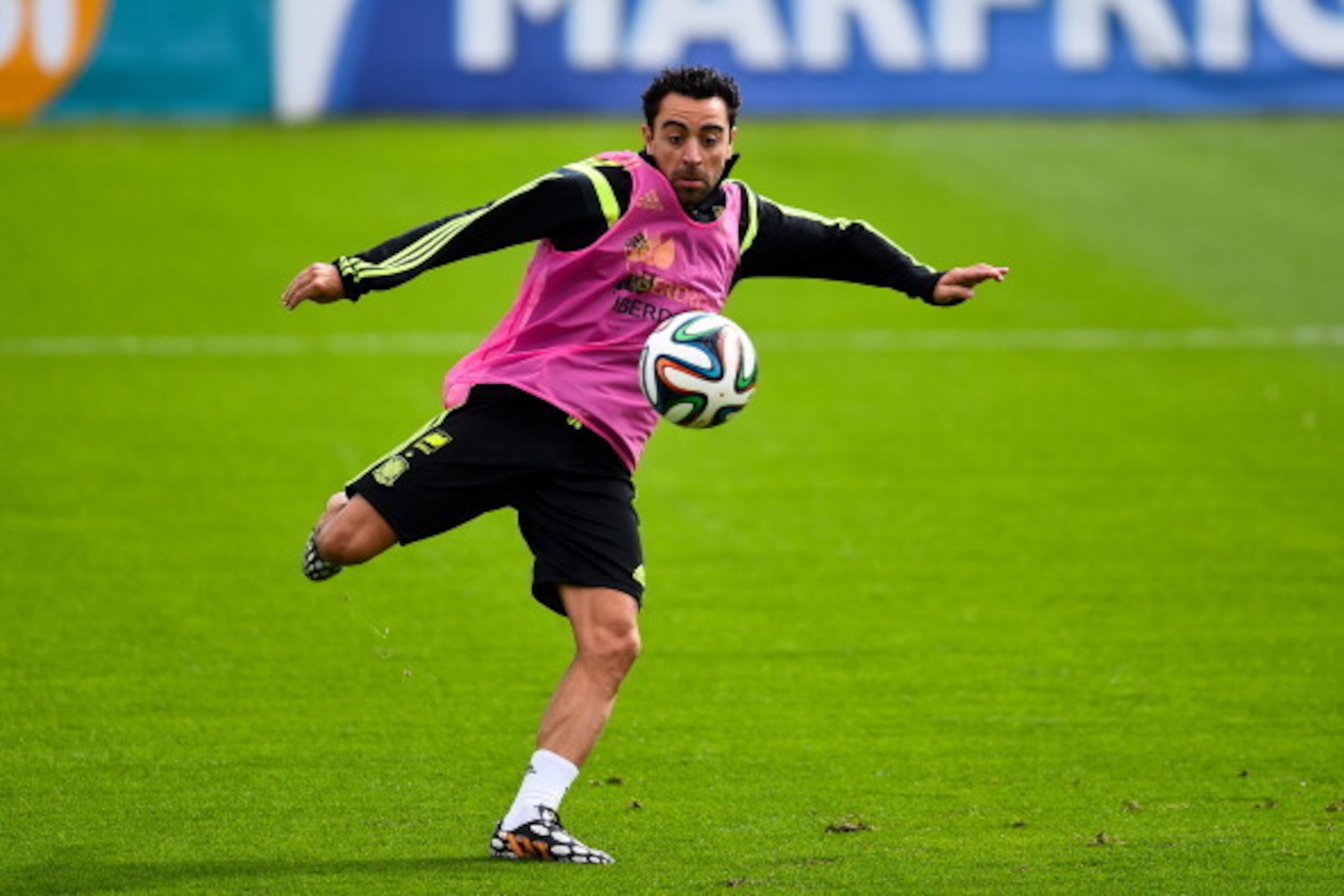 CURITIBA, BRAZIL - JUNE 21:  Andres Iniesta of Spain in action during a Spain training session at Centro de Entrenamiento do Caju on June 21, 2014 in Curitiba, Brazil.  (Photo by David Ramos/Getty Images)