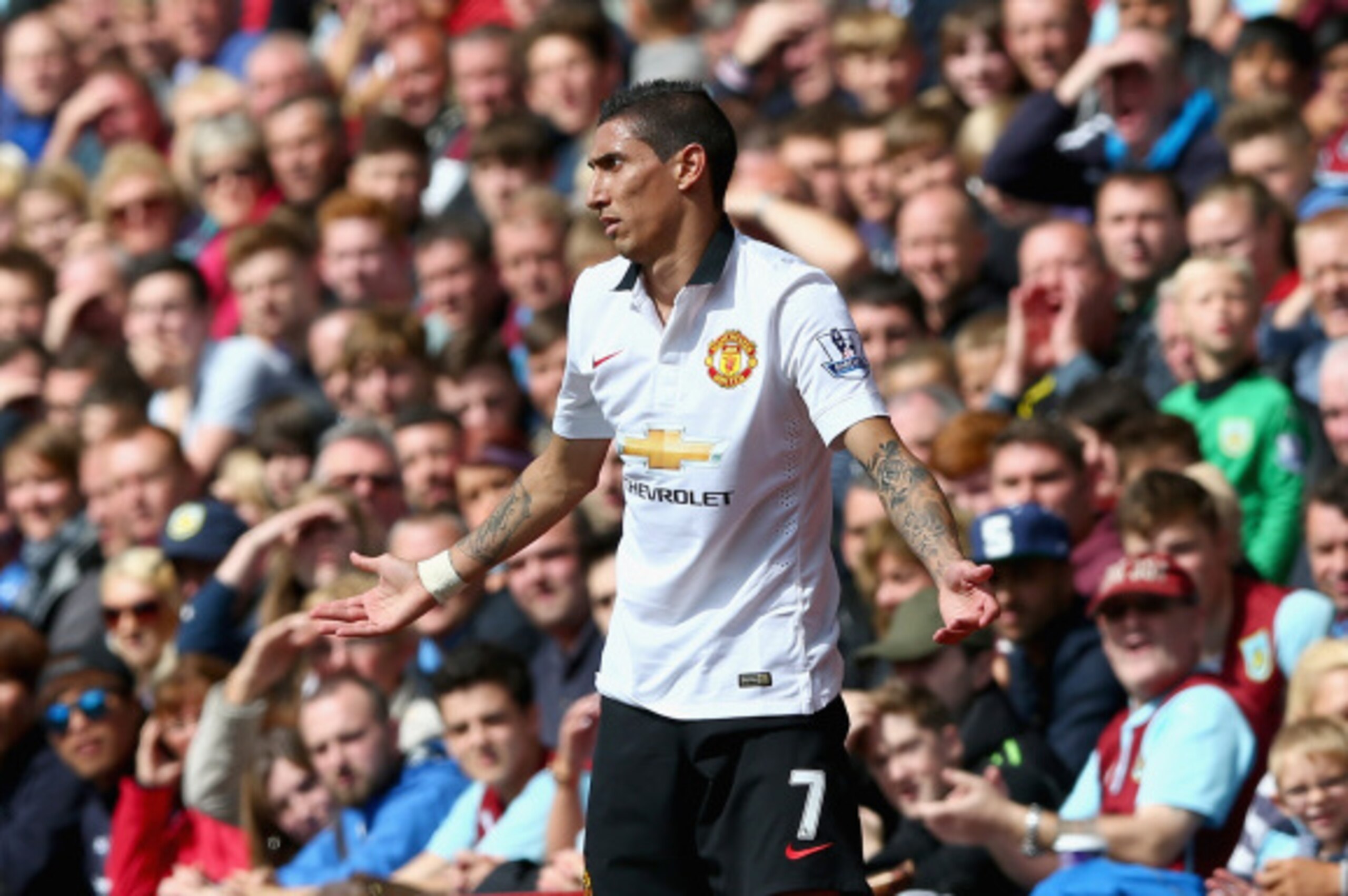 BURNLEY, ENGLAND - AUGUST 30:  Angel Di Maria of Manchester United shows his emotions during the Barclays Premier League match between Burnley and Manchester United at Turf Moor on August 30, 2014 in Burnley, England.  (Photo by Clive Brunskill/Getty Imag