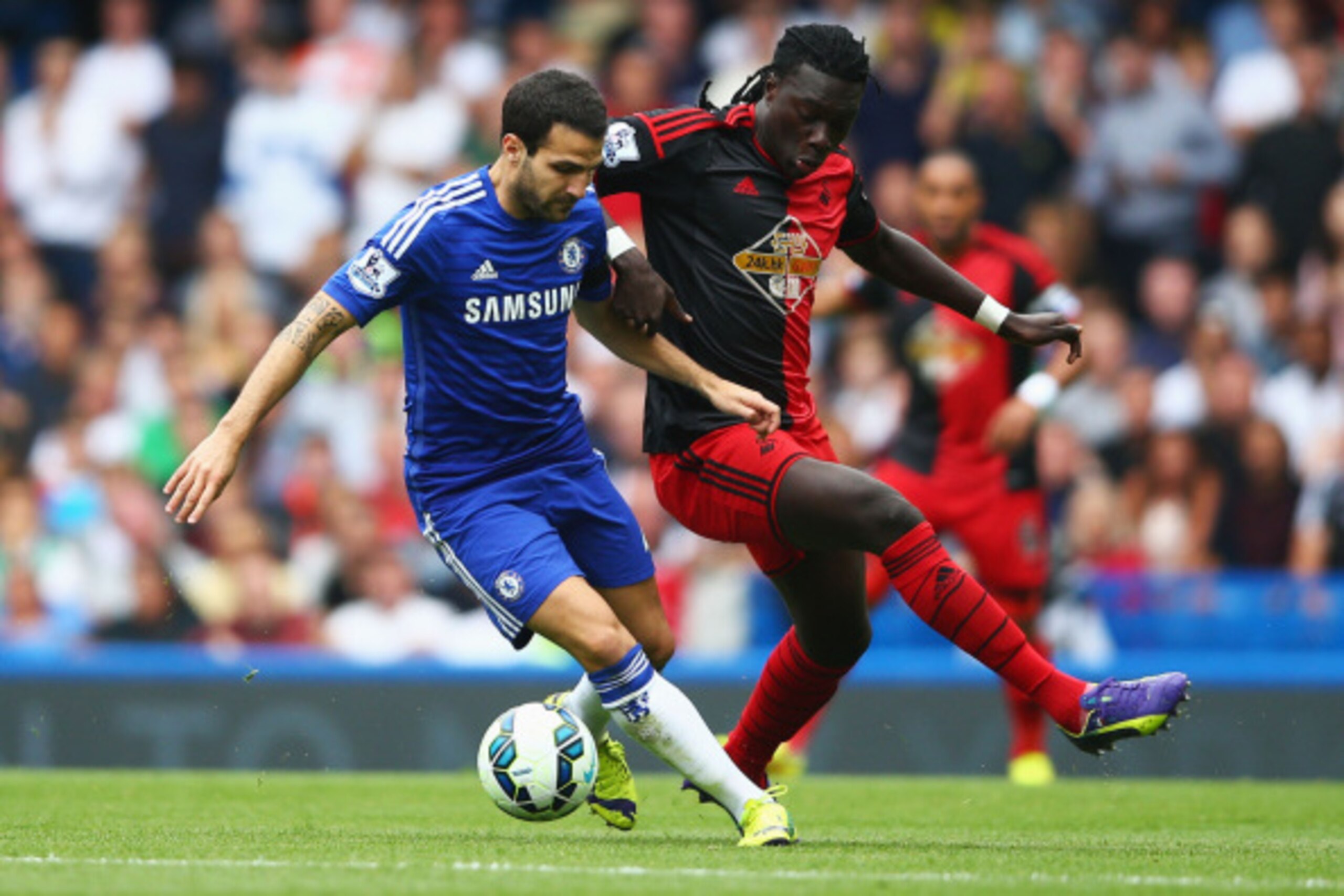 LONDON, ENGLAND - SEPTEMBER 13:  Cesc Fabregas of Chelsea holds off Bafetibis Gomis of Swansea City during the Barclays Premier League match between Chelsea and Swansea City at Stamford Bridge on September 13, 2014 in London, England.  (Photo by Paul Gilh