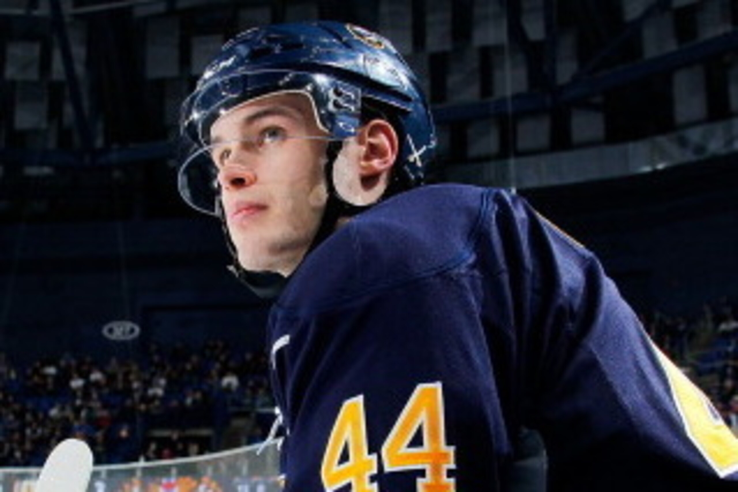 BUFFALO, NY - JANUARY 21:  Brayden McNabb #44 of the Buffalo Sabres watches the action against the Florida Panthers on January 21, 2014 at the First Niagara Center in Buffalo, New York.  (Photo by Bill Wippert/NHLI via Getty Images)