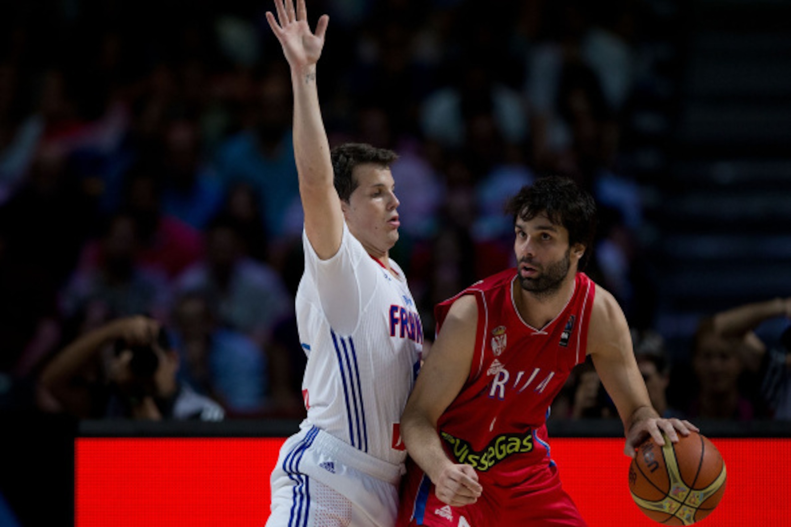MADRID, SPAIN - SEPTEMBER 12: Milos Teodosic (R) of Serbia drives against Thomas Heurtel (L) of France during the 2014 FIBA World Basketball Championship semifinal match between France and Serbia at Palacio de los Deportes on September 12, 2014 in Madrid,