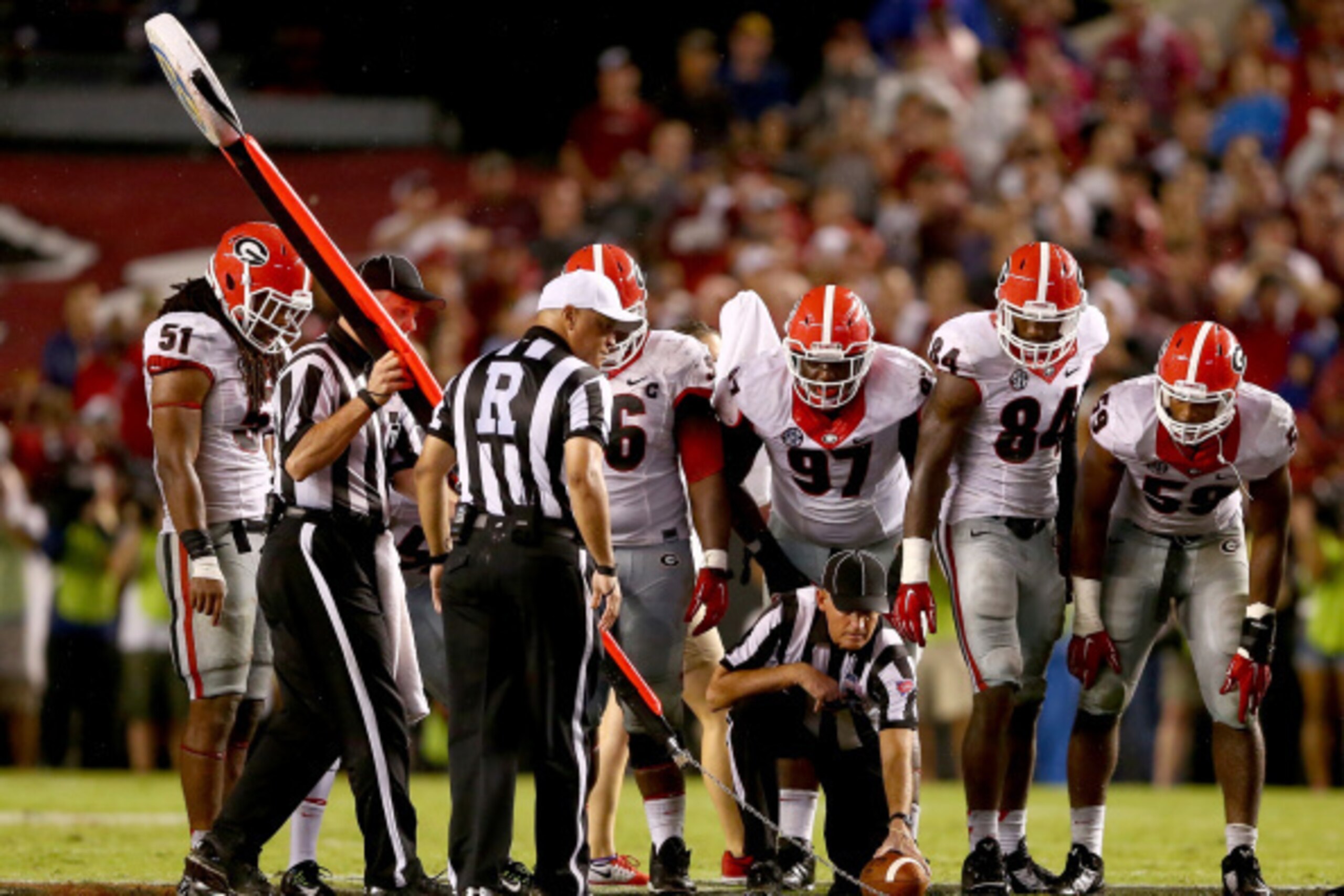 COLUMBIA, SC - SEPTEMBER 13:  The Georgia Bulldogs look on as a call for a South Carolina Gamecocks first down late in the fourth quarter is made during their game at Williams-Brice Stadium on September 13, 2014 in Columbia, South Carolina.  (Photo by Str