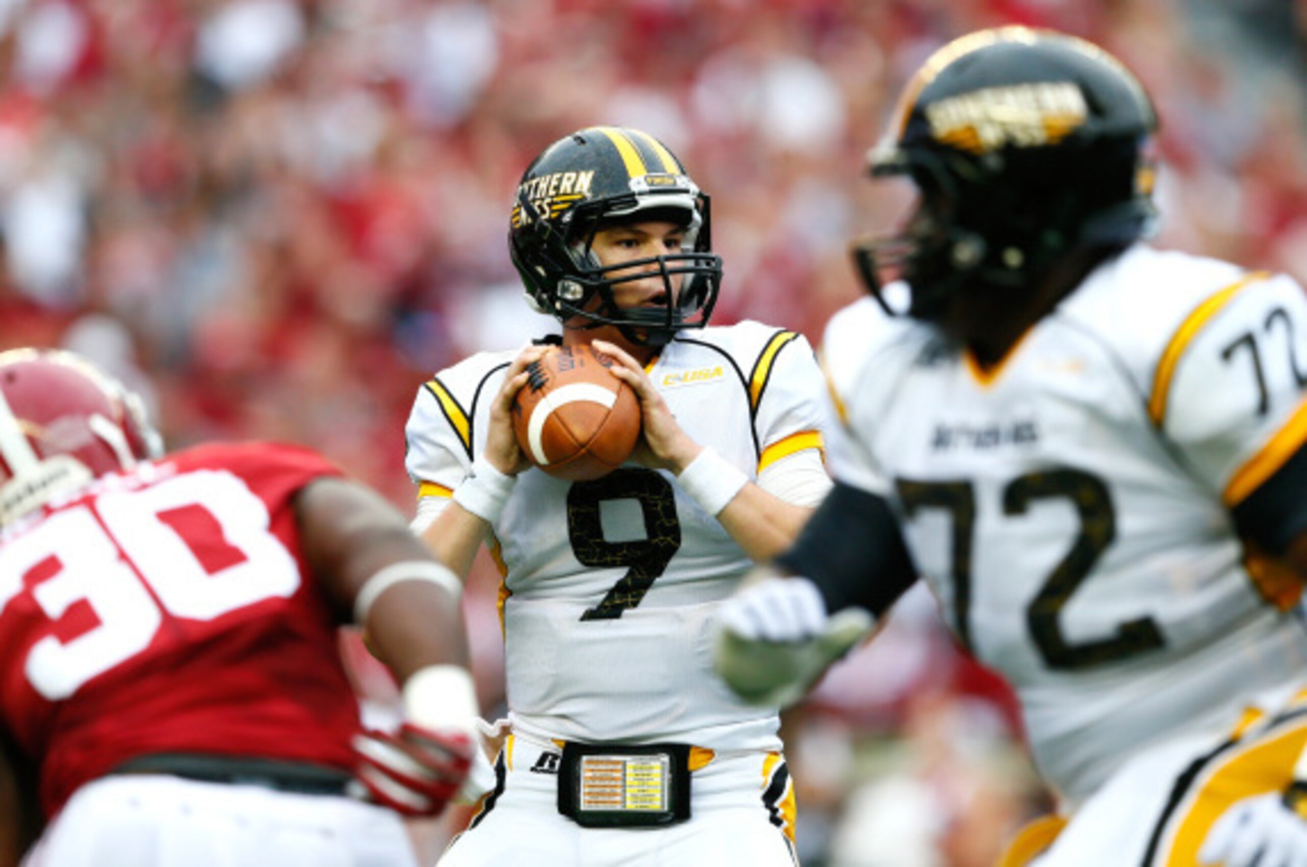 TUSCALOOSA, AL - SEPTEMBER 13:  Nick Mullens #9 of the Southern Miss Golden Eagles steps back in the pocket against the Alabama Crimson Tide at Bryant-Denny Stadium on September 13, 2014 in Tuscaloosa, Alabama.  (Photo by Kevin C. Cox/Getty Images)