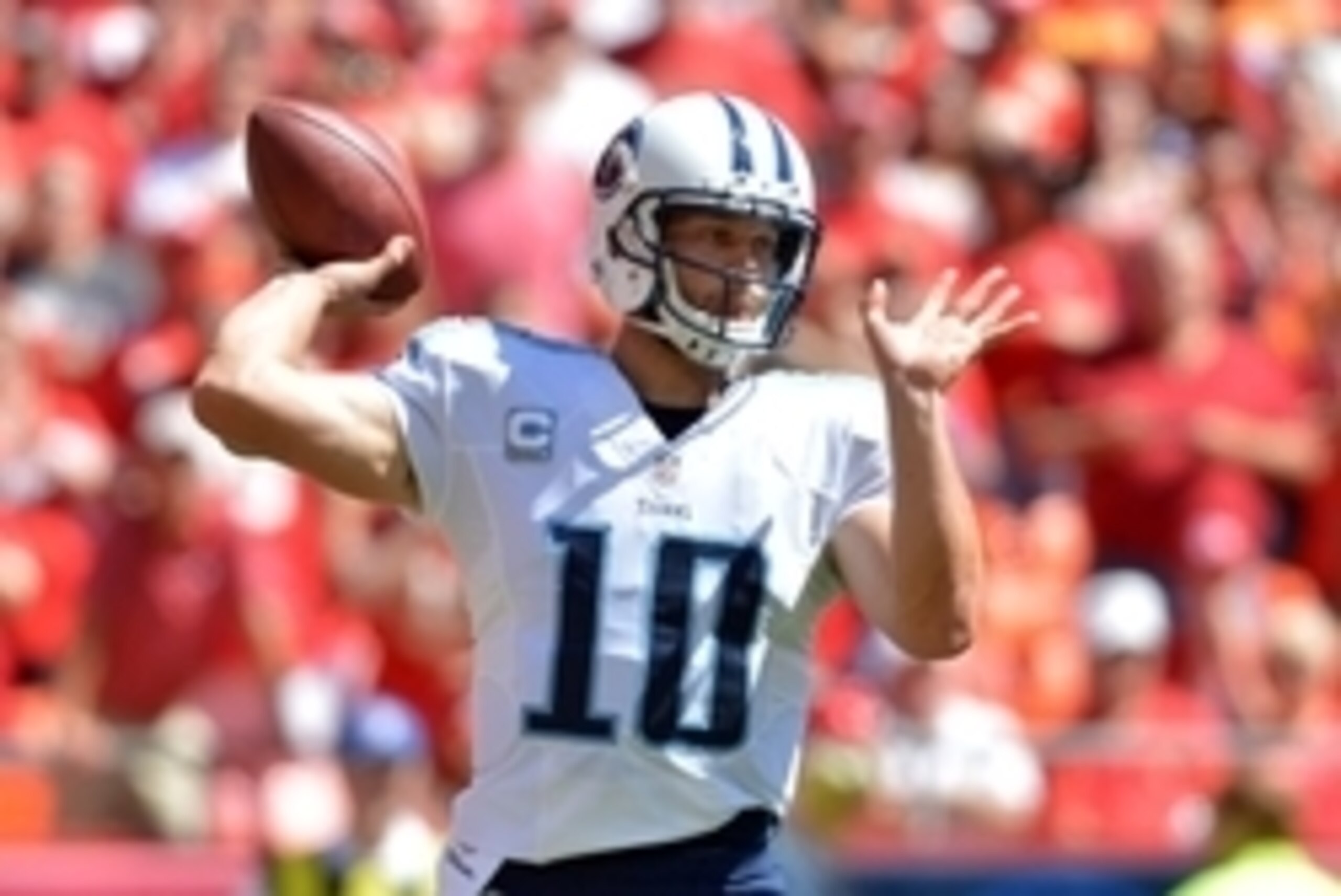 Sep 7, 2014; Kansas City, MO, USA; Tennessee Titans quarterback Jake Locker (10) throws a pass during the first half against the Kansas City Chiefs at Arrowhead Stadium. Mandatory Credit: Denny Medley-USA TODAY Sports Sep 7, 2014; Kansas City, MO, USA; Tennessee Titans quarterback Jake Locker (10) throws a pass during the first half against the Kansas City Chiefs at Arrowhead Stadium. Mandatory Credit: Denny Medley-USA TODAY Sports