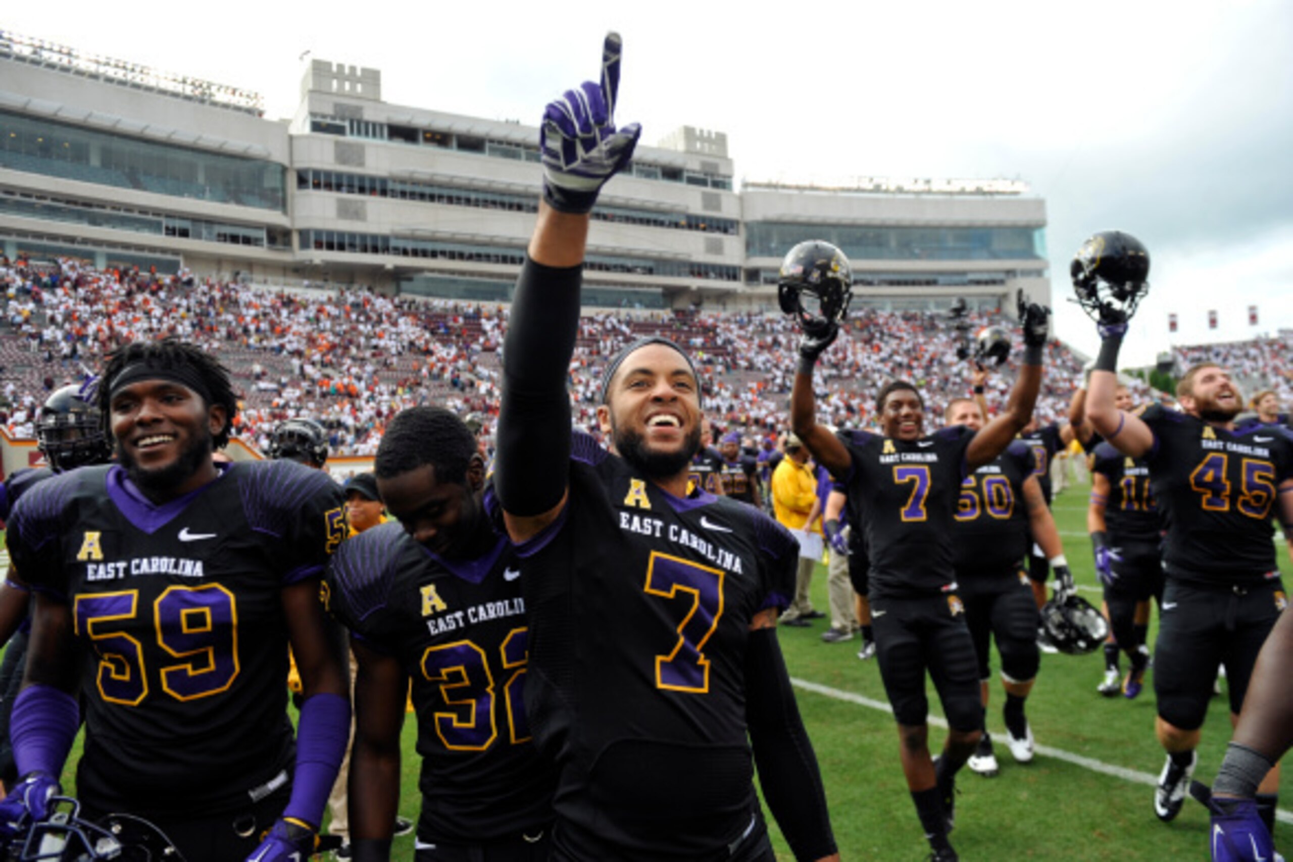 BLACKSBURG, VA - SEPTEMBER 13: Defensive back Lamar Ivey #7 of the East Carolina Pirates celebrates after the game at Lane Stadium on September 13, 2014 in Blacksburg, Virginia. East Carolina defeated Virginia Tech 28-21.  (Photo by Michael Shroyer/Getty 