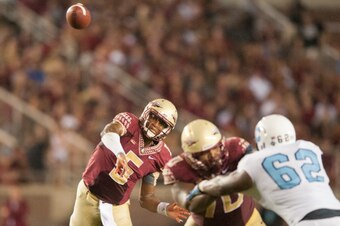 TALLAHASSEE, FL - SEPTEMBER 6: Jameis Winston #5 makes a pass during the first half against the Citadel at Doak Campbell Stadium on September 6, 2014 in Tallahassee, Florida. (Photo by Jeff Gammons/Getty Images)