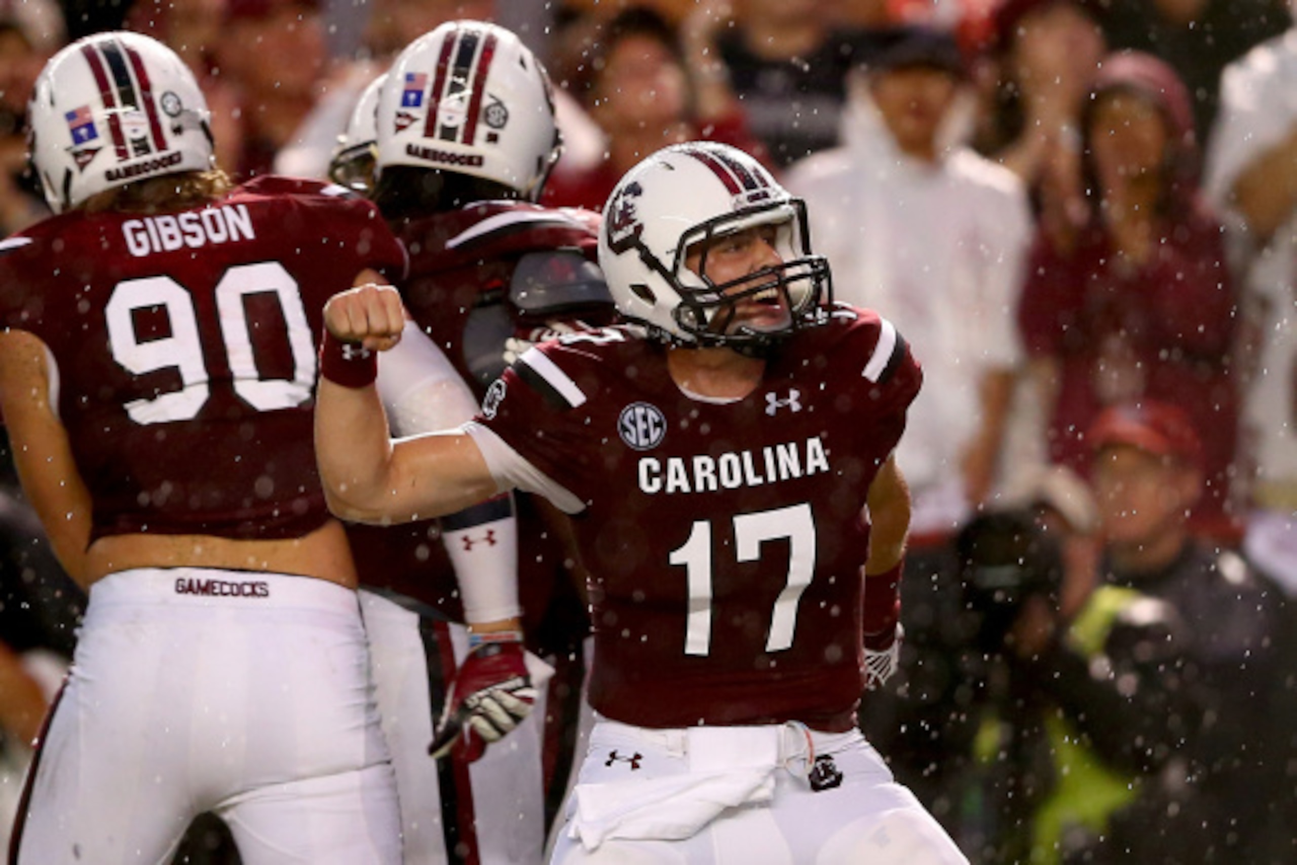COLUMBIA, SC - SEPTEMBER 13:  Dylan Thompson #17 of the South Carolina Gamecocks reacts after a touchdown against the Georgia Bulldogs during their game at Williams-Brice Stadium on September 13, 2014 in Columbia, South Carolina.  (Photo by Streeter Lecka