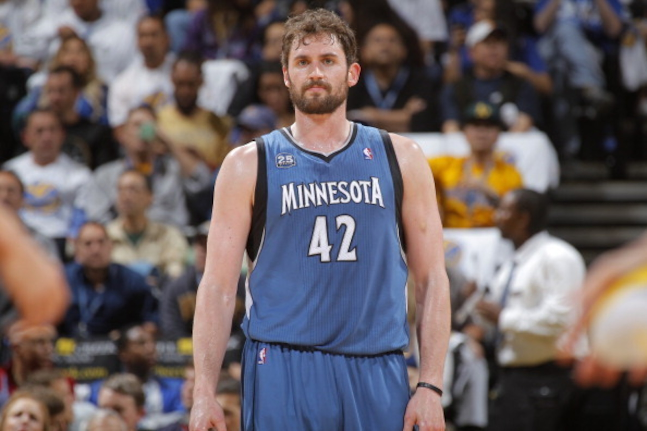OAKLAND, CA - APRIL 14: Kevin Love #42 of the Minnesota Timberwolves during a game against the Golden State Warriors on April 14, 2014 at Oracle Arena in Oakland, California. NOTE TO USER: User expressly acknowledges and agrees that, by downloading and or OAKLAND, CA - APRIL 14: Kevin Love #42 of the Minnesota Timberwolves during a game against the Golden State Warriors on April 14, 2014 at Oracle Arena in Oakland, California. NOTE TO USER: User expressly acknowledges and agrees that, by downloading and or