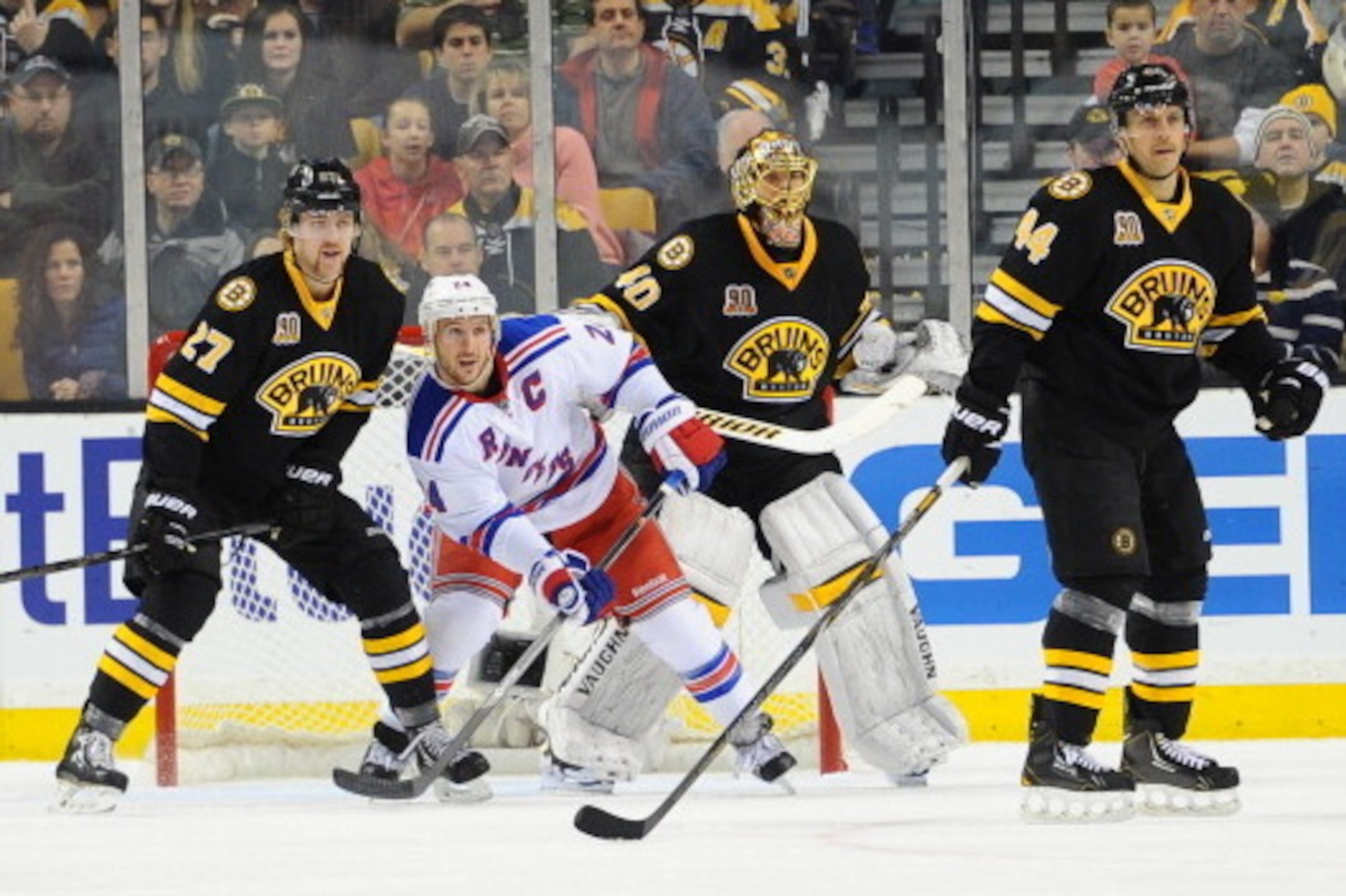 BOSTON, MA - NOVEMBER 29: Ryan Callahan #24 of the New York Rangers watches the play against Dougie Hamilton #27, Tuukka Rask #40 and Dennis Seidenberg #44 of the Boston Bruins at the TD Garden on November 29, 2013 in Boston, Massachusetts. (Photo by Bria