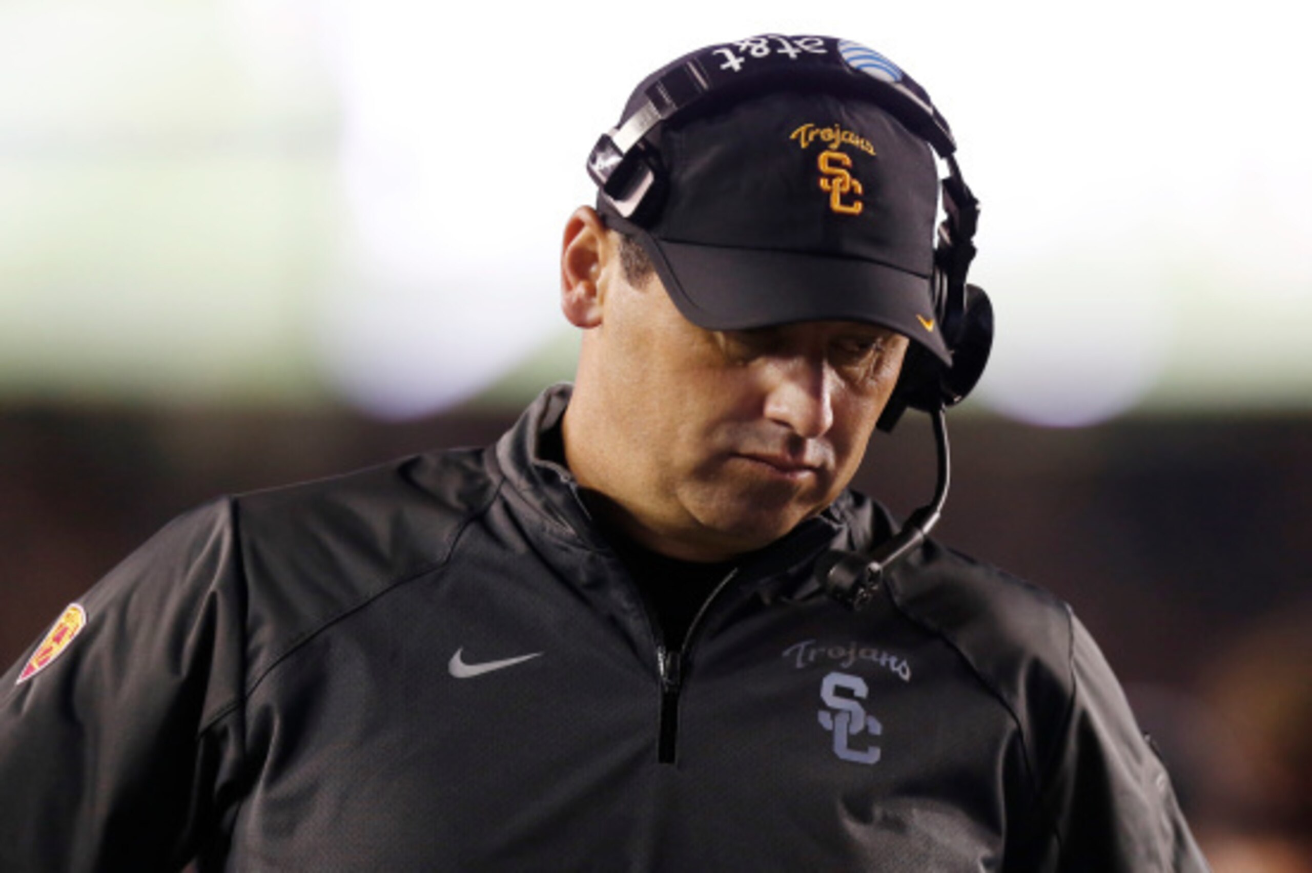 BOSTON, MA- SEPTEMBER 13:  Head coach Steve Sarkisian # of the USC Trojans paces the sidelines during the second half of their 37-31 loss to the Boston College Eagles at Alumni Stadium on September 13 in Chestnut Hill, Massachusetts.  (Photo by Winslow To