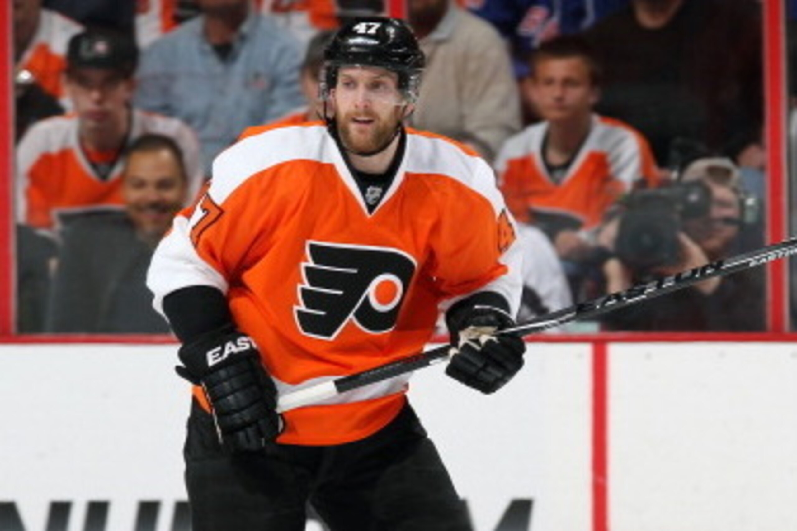 PHILADELPHIA, PA - APRIL 25:  Andrew MacDonald #47 of the Philadelphia Flyers skates against the New York Rangers in Game Four of the First Round of the 2014 Stanley Cup Playoffs at the Wells Fargo Center on April 25, 2014 in Philadelphia, Pennsylvania.  