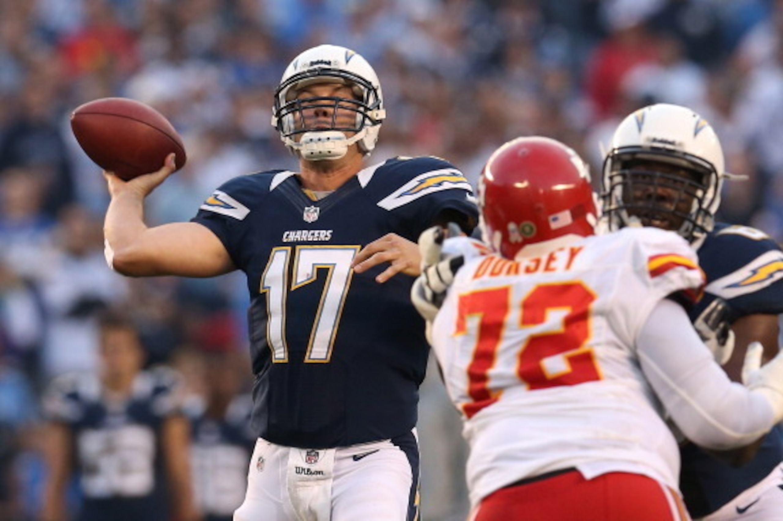 SAN DIEGO, CA - NOVEMBER 01:  Quarterback Philip Rivers #17 of the San Diego Chargers throws a touchdown pass to tight end Antonio Gates in the first quarter against the Kansas City Chiefs at Qualcomm Stadium on November 1, 2012 in San Diego, California. 