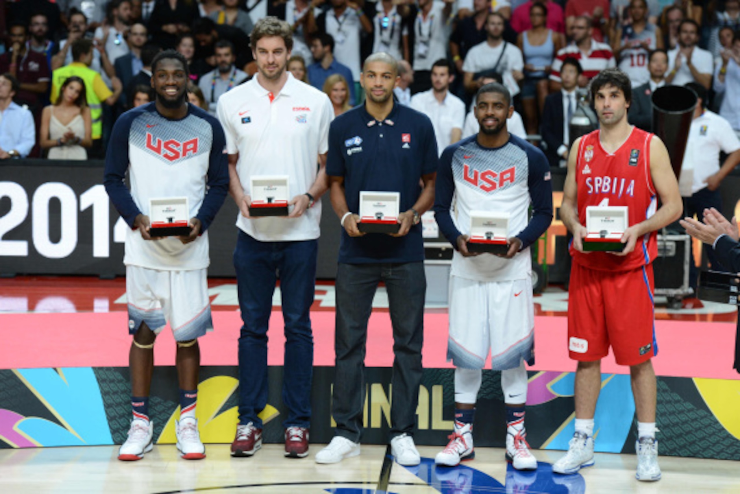 MADRID, SPAIN - SEPTEMBER 14: Kenneth Faried, Pau Gasol, Nicolas Batum, Kyrie Irving and Milos Teodosic was named the All-Tournament team of the 2014 FIBA World Cup Finals at Palacio de Deportes on September 14, 2014 in Madrid, Spain.  NOTE TO USER: User 