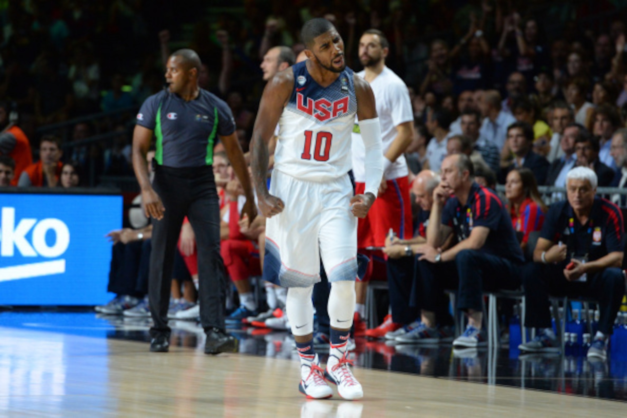 MADRID, SPAIN - SEPTEMBER 14: Kyrie Irving #10 of the USA Men's National Team shows emotion against the Serbia National Team during the 2014 FIBA World Cup Finals at Palacio de Deportes on September 14, 2014 in Madrid, Spain.  NOTE TO USER: User expressly