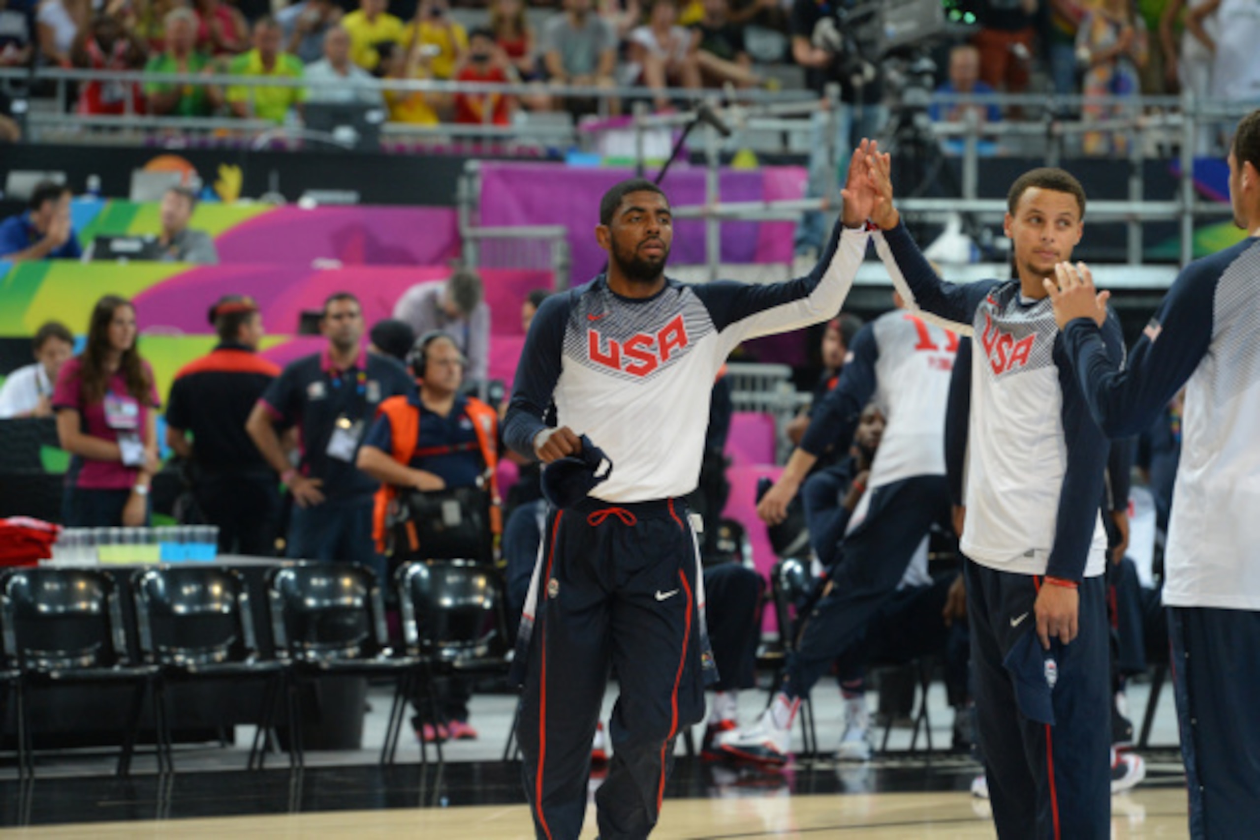 BARCELONA, SPAIN - SEPTEMBER 11: Kyrie Irving #10 of the USA Basketball Men's National Team is introduced in the game against the Lithuania National Team during the 2014 FIBA World Cup Semi-Finals at Palau Sant Jordi on September 11, 2014 in Barcelona, Sp