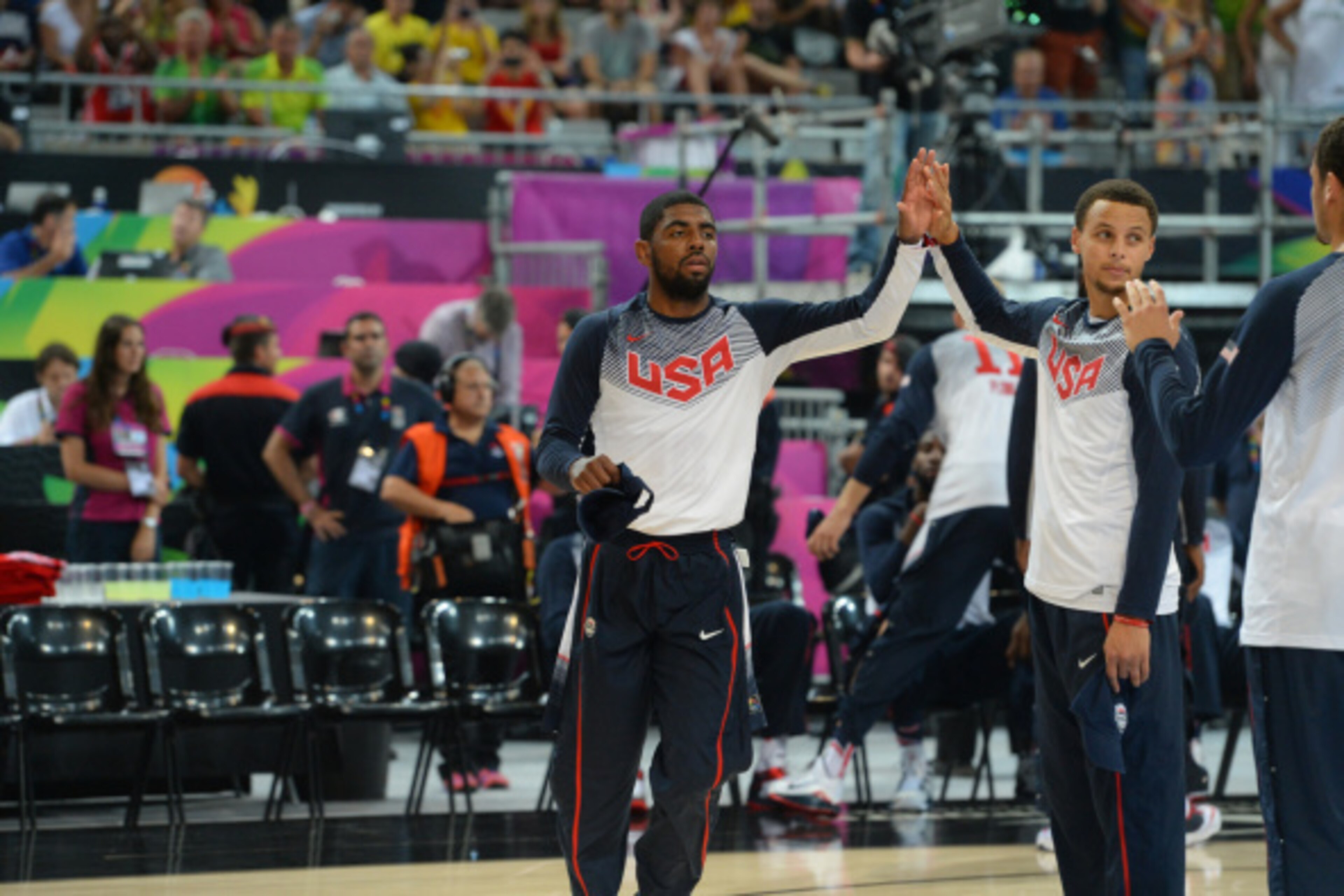 BARCELONA, SPAIN - SEPTEMBER 11: Kyrie Irving #10 of the USA Basketball Men's National Team is introduced in the game against the Lithuania National Team during the 2014 FIBA World Cup Semi-Finals at Palau Sant Jordi on September 11, 2014 in Barcelona, Sp