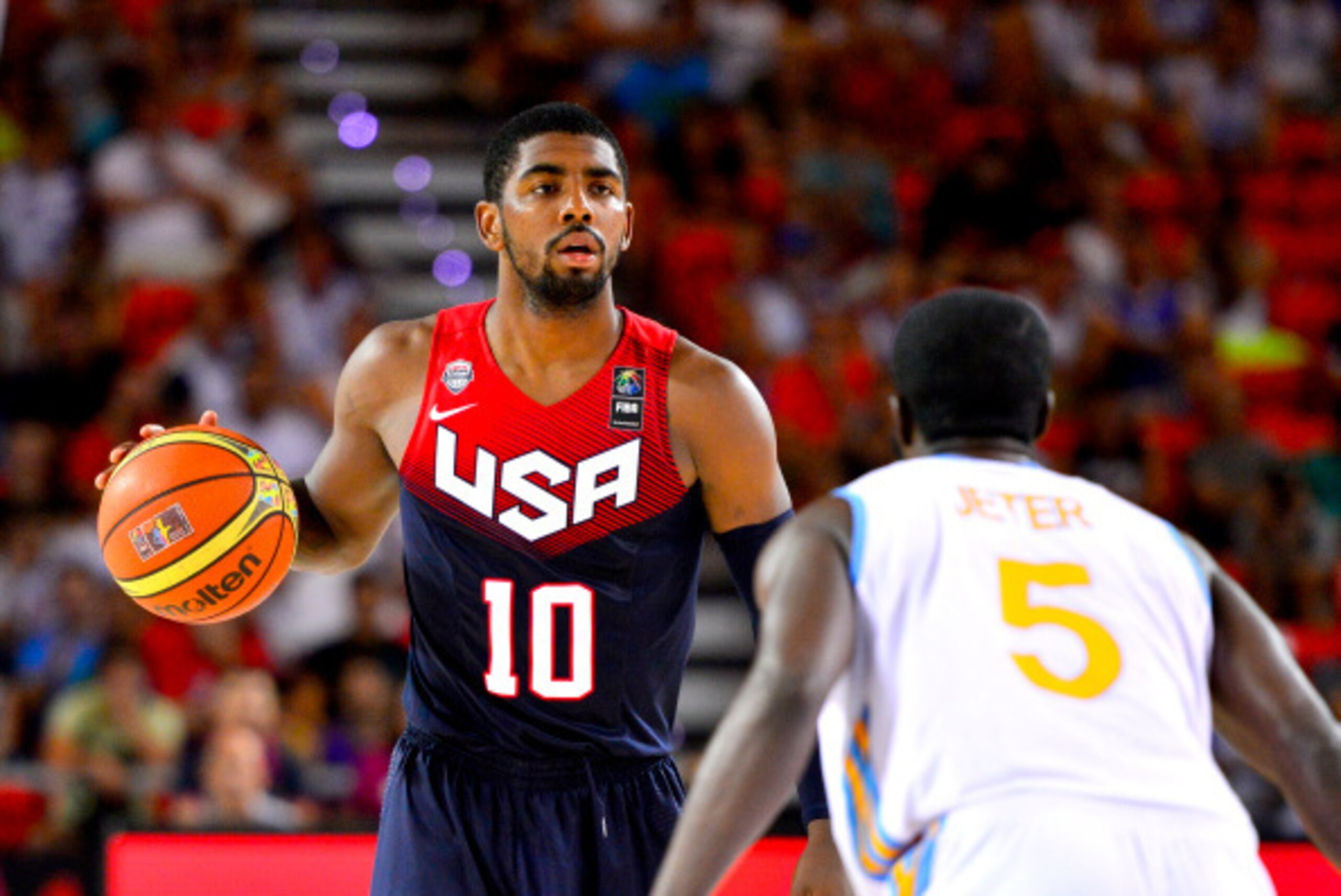 BILBAO, SPAIN - SEPTEMBER 04:  Kyrie Irving #10 of the USA Basketball Men's National Team handles the ball against the Ukraine Basketball Team during the FIBA 2014 World Cup Tournament at the Bilbao Exhibition Center on September 04, 2014 in Bilbao, Spain