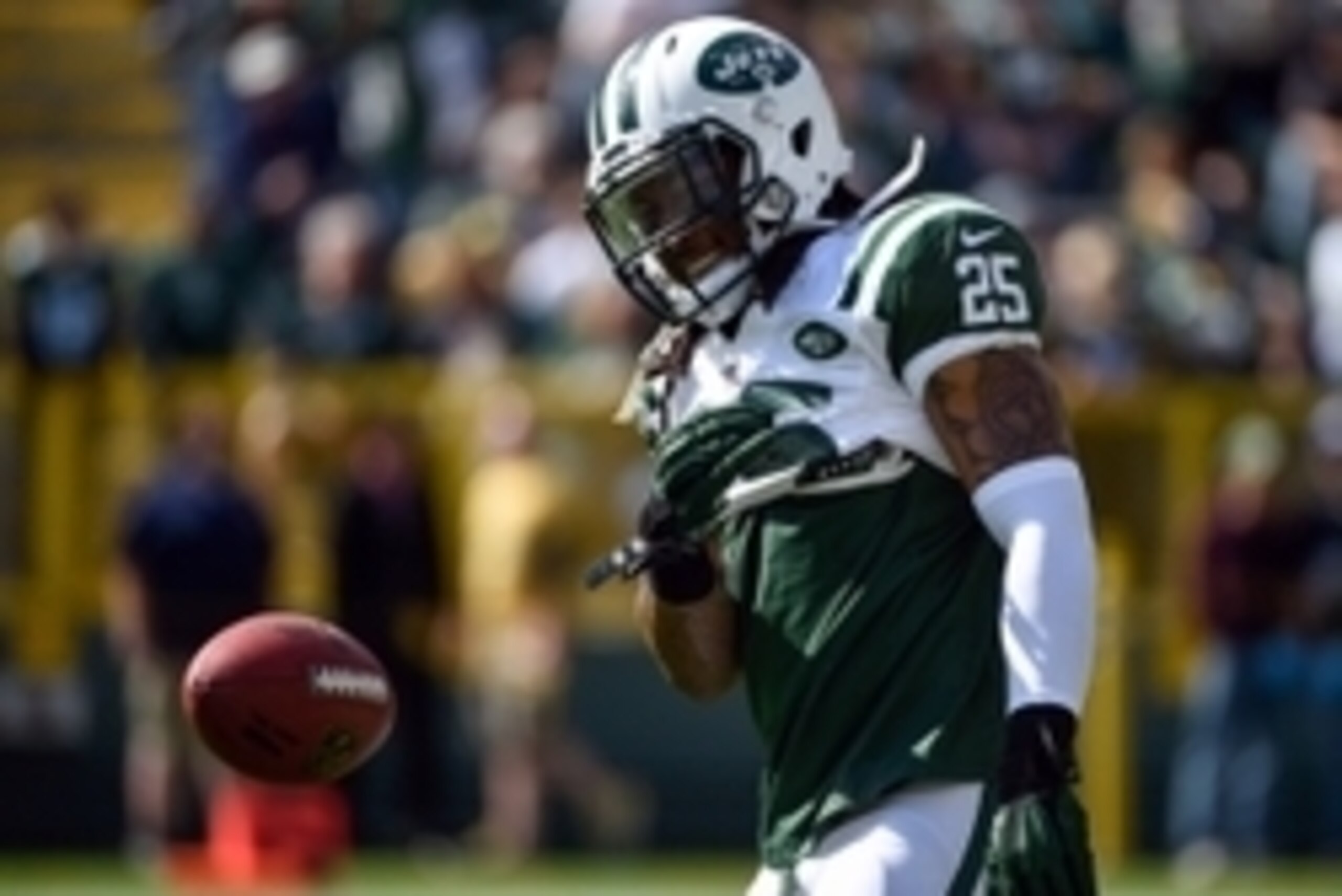 Sep 14, 2014; Green Bay, WI, USA;  New York Jets safety Calvin Pryor (25) warms up before game against the Green Bay Packers at Lambeau Field. Mandatory Credit: Benny Sieu-USA TODAY Sports