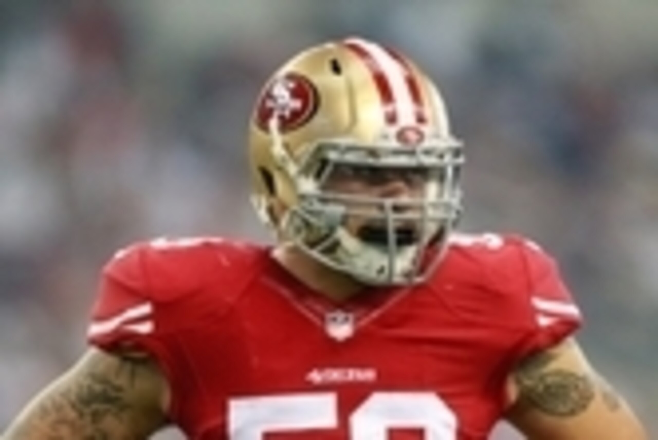 Sep 7, 2014; Arlington, TX, USA; San Francisco 49ers linebacker Aaron Lynch (59) on the field during the game against the Dallas Cowboys at AT&T Stadium. San Francisco beat Dallas 28-17. Mandatory Credit: Tim Heitman-USA TODAY Sports