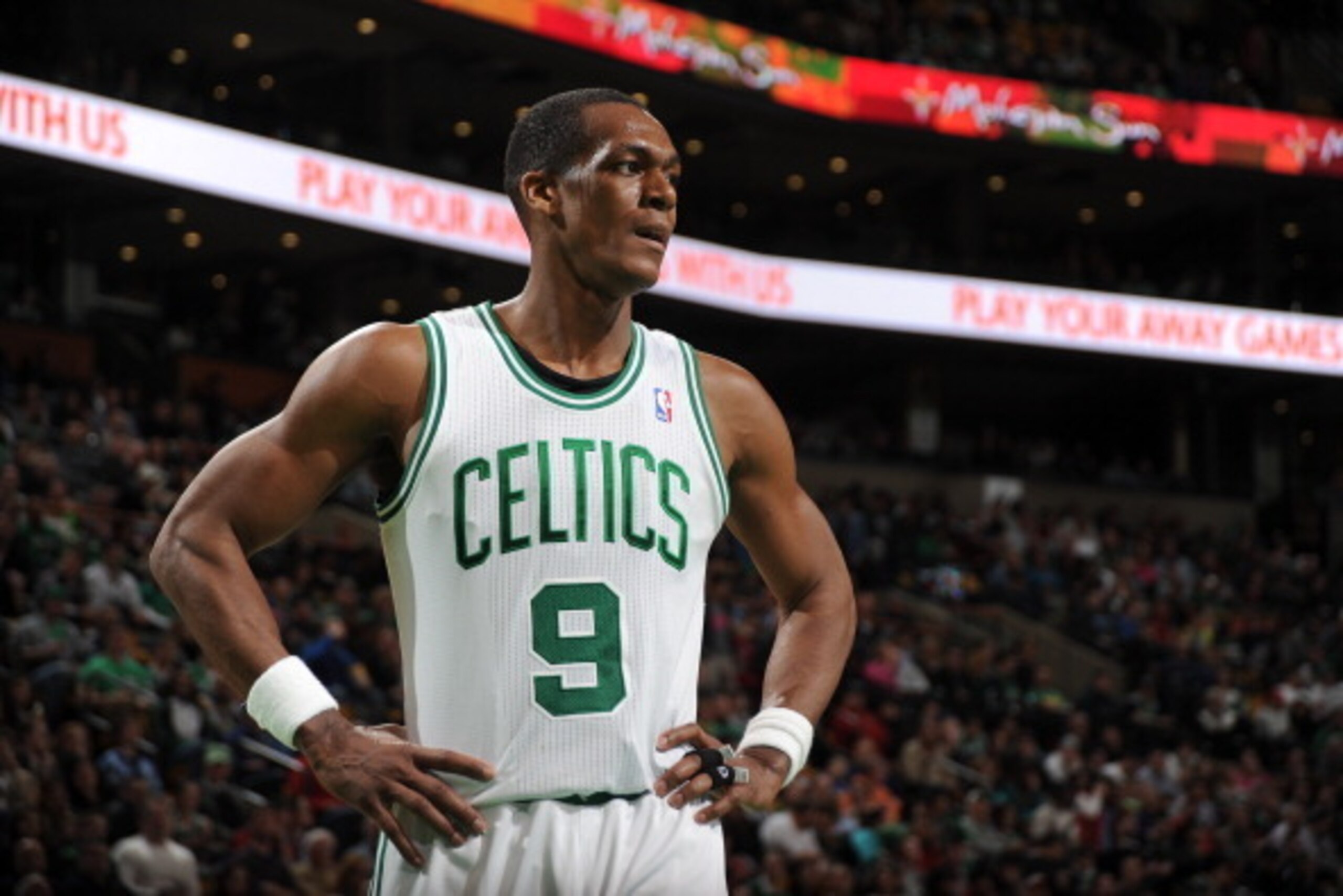 BOSTON, MA - APRIL 4: Rajon Rondo #9 of the Boston Celtics on the court during the game against the Philadelphia 76ers on April 4, 2014 at the TD Garden in Boston, Massachusetts.  NOTE TO USER: User expressly acknowledges and agrees that, by downloading a