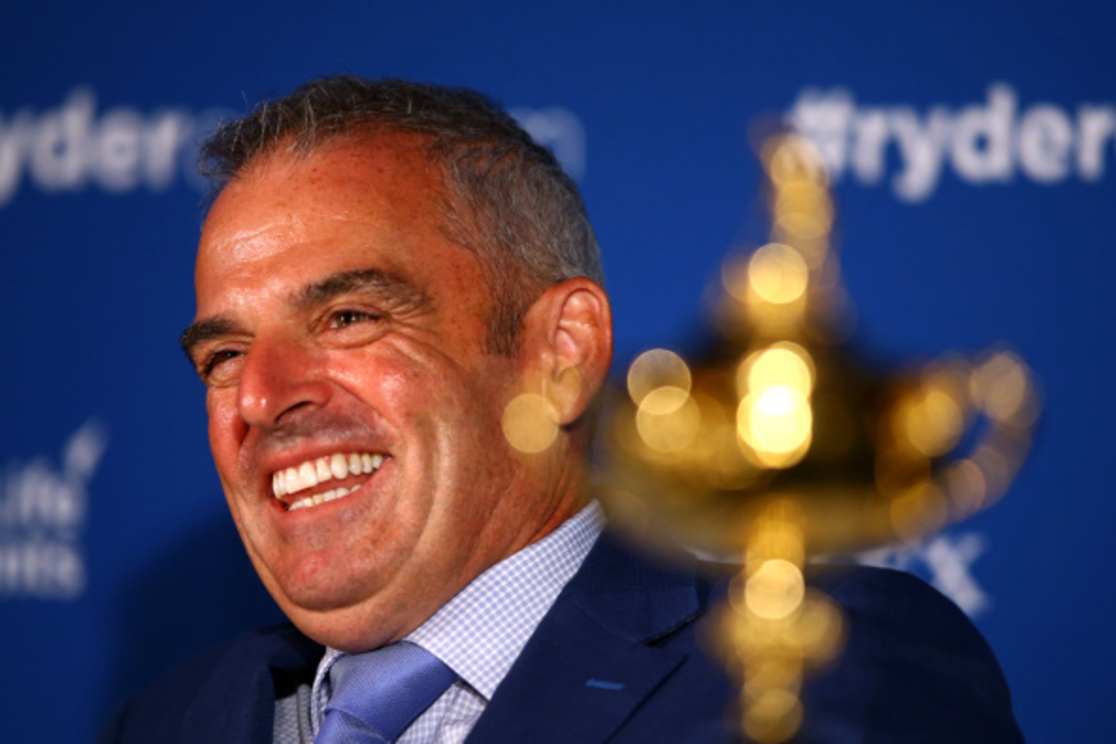 VIRGINIA WATER, ENGLAND - SEPTEMBER 02:  European Ryder Cup captain Paul McGinley of Ireland announces Stephen Gallacher of Scotland, Ian Poulter of England and Lee Westwood of England as his three captain's picks during a press conference at Wentworth on