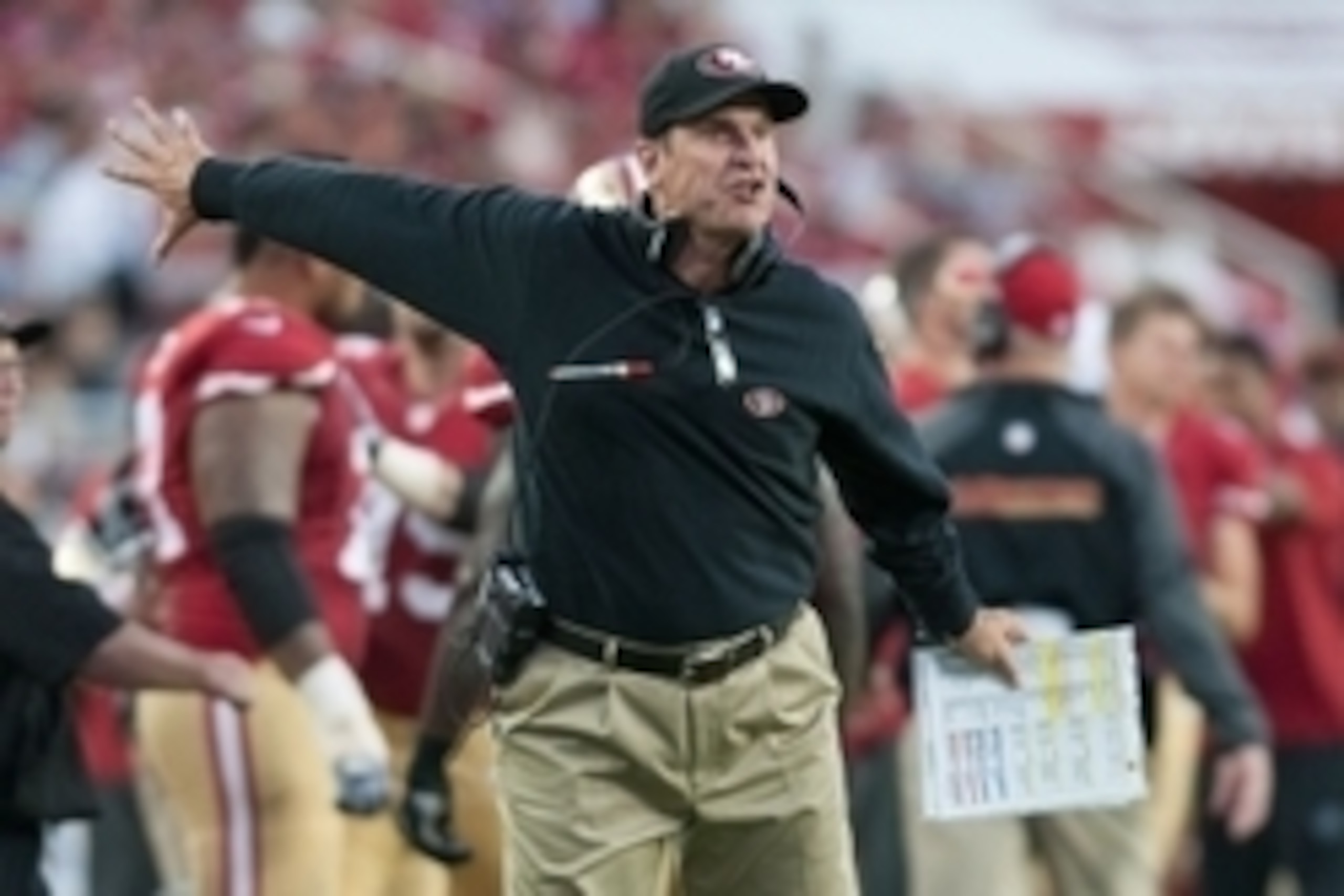 Sep 14, 2014; Santa Clara, CA, USA; San Francisco 49ers head coach Jim Harbaugh reacts to a play during the second quarter at Levi's Stadium. The Chicago Bears defeated the San Francisco 49ers 28-20. Mandatory Credit: Ed Szczepanski-USA TODAY Sports Sep 14, 2014; Santa Clara, CA, USA; San Francisco 49ers head coach Jim Harbaugh reacts to a play during the second quarter at Levi's Stadium. The Chicago Bears defeated the San Francisco 49ers 28-20. Mandatory Credit: Ed Szczepanski-USA TODAY Sports