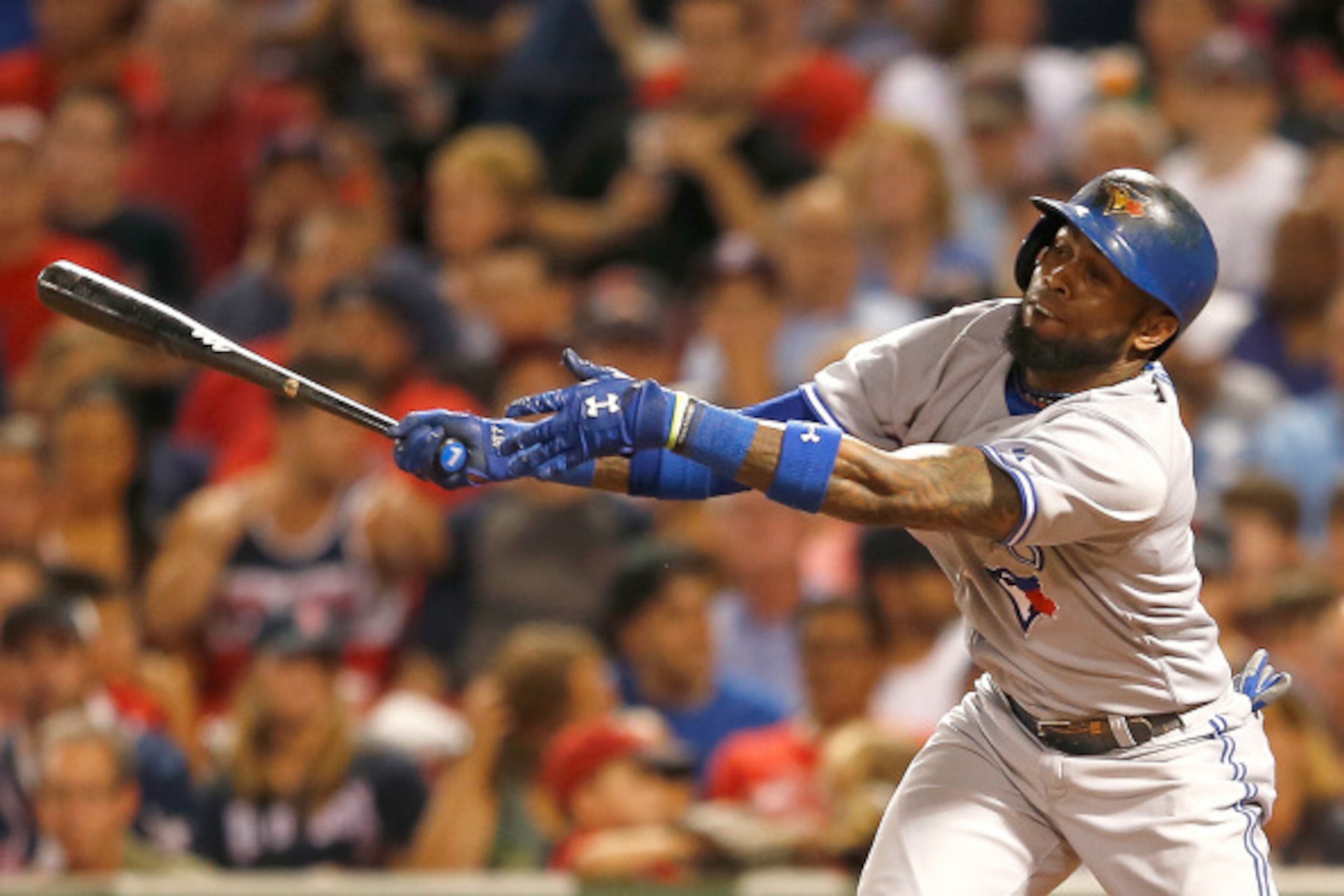 BOSTON, MA - SEPTEMBER 5:  Jose Reyes #7 of the Toronto Blue Jays strikes out in the third inning against the Boston Red Sox at Fenway Park on September 5, 2014 in Boston, Massachusetts.  (Photo by Jim Rogash/Getty Images)