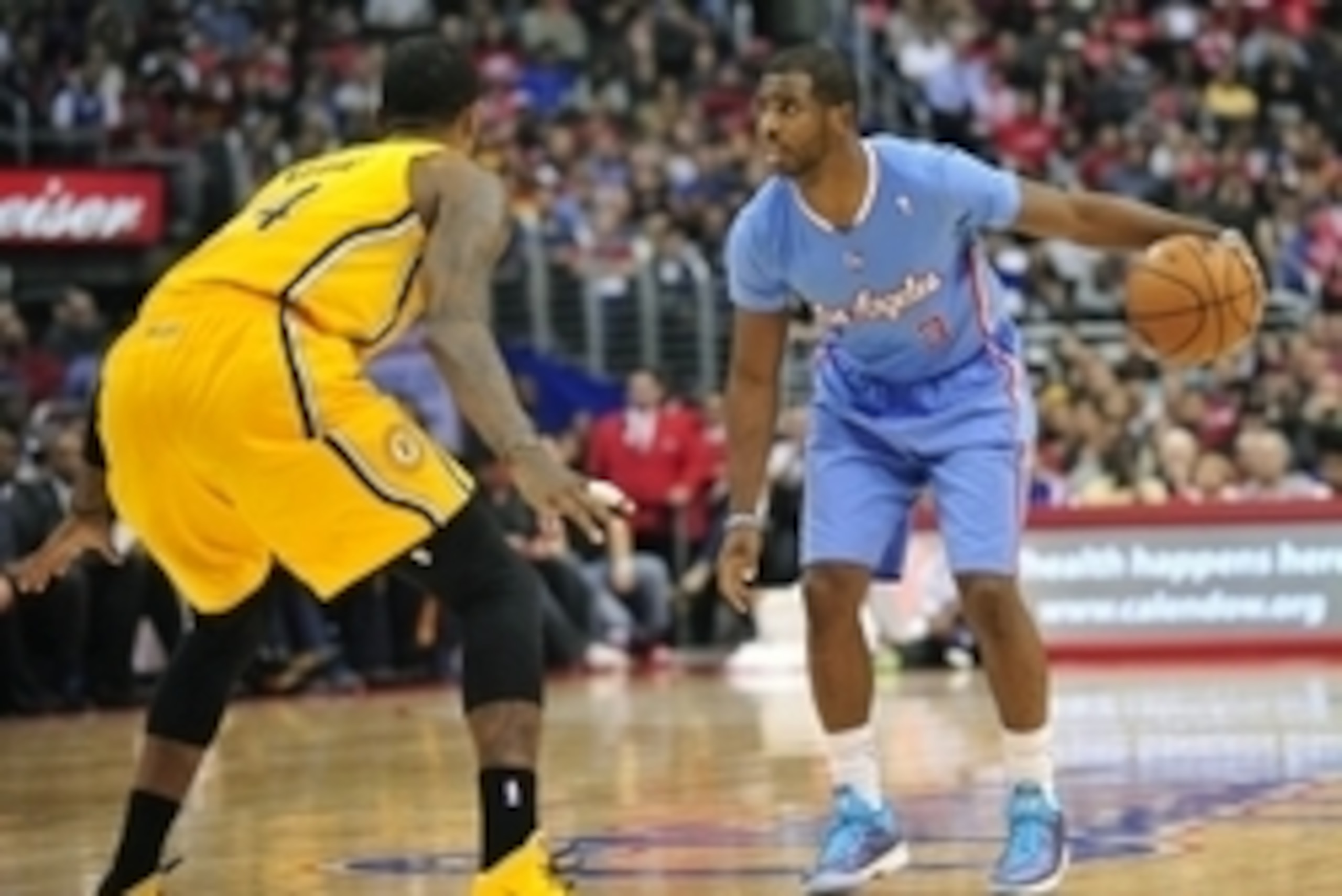 December 1, 2013; Los Angeles, CA, USA; Los Angeles Clippers point guard Chris Paul (3) controls the ball against the defense of Indiana Pacers small forward Paul George (24) during the second half at Staples Center. Mandatory Credit: Gary A. Vasquez-USA December 1, 2013; Los Angeles, CA, USA; Los Angeles Clippers point guard Chris Paul (3) controls the ball against the defense of Indiana Pacers small forward Paul George (24) during the second half at Staples Center. Mandatory Credit: Gary A. Vasquez-USA