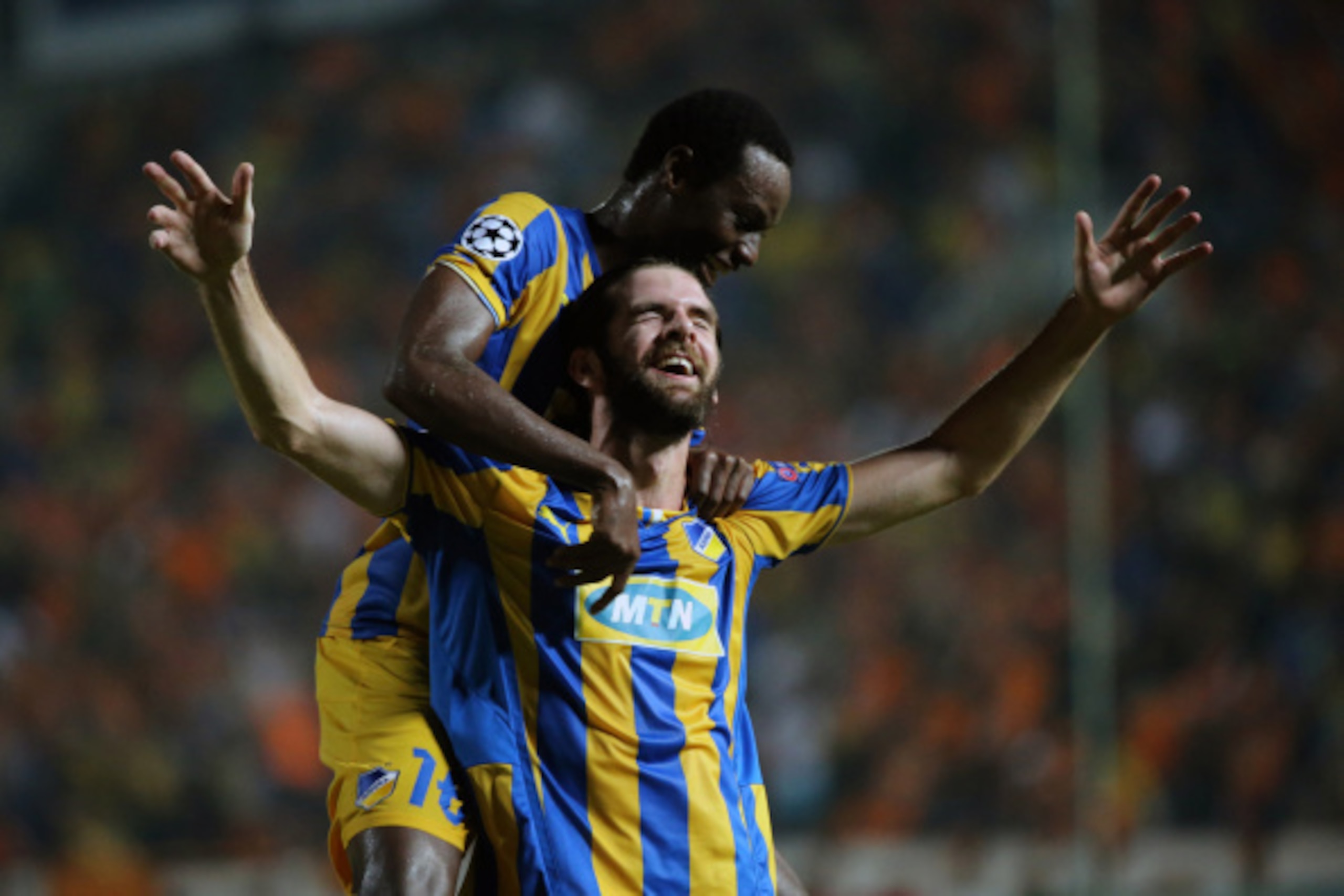 NOCOSIA,CYPRUS - AUGUST 26:  Cillian Sheridan of  APOEL celebrates during the UEFA Champions League play-offs second leg match between  APOEL and  Aalborg at the GSP Stadium on August 26, 2014 in Nicosia, Cyprus. (Photo by Yiannis Kourtoglou/EuroFootball/