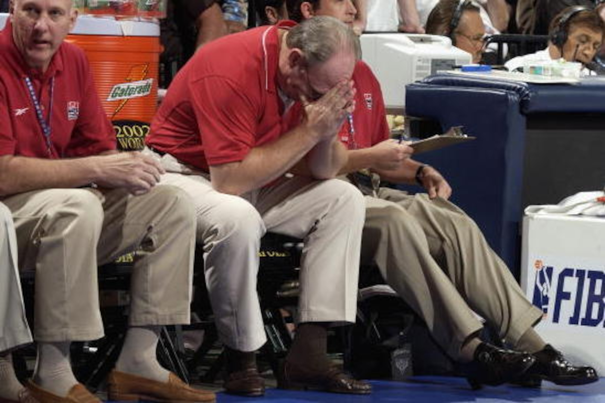 INDIANAPOLIS - SEPTEMBER 5:  Head coach George Karl of the United States hangs his head during the quarterfinal game of the World Basketball Championships against Yugoslavia on September 5, 2002 at Conseco Fieldhouse in Indianapolis, Indiana.  Yugoslavia 