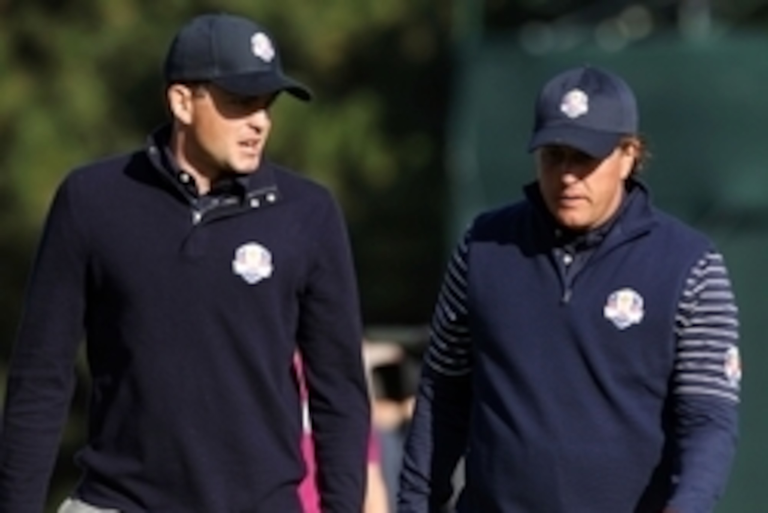 Sep 29, 2012; Medinah, IL, USA; United States golfer Keegan Bradley (left) is paired with Phil Mickelson during the morning session of the 39th Ryder Cup on day two at Medinah Country Club. Mandatory Credit: Brian Spurlock-USA TODAY Sports