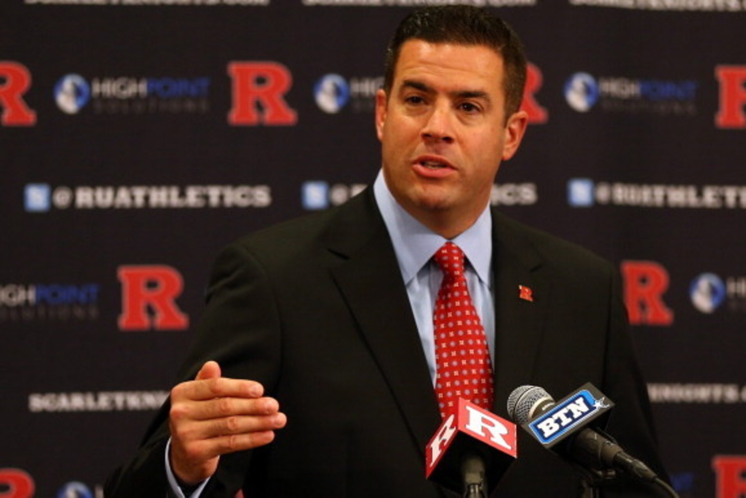 PISCATAWAY, NJ - NOVEMBER 20:  Rutgers University Athletic director Tim Pernetti makes his opening remarks during a press conference announcing that Rutgers University is joining the Big Ten Conference on November 20, 2012 at the Hale Center in Piscataway