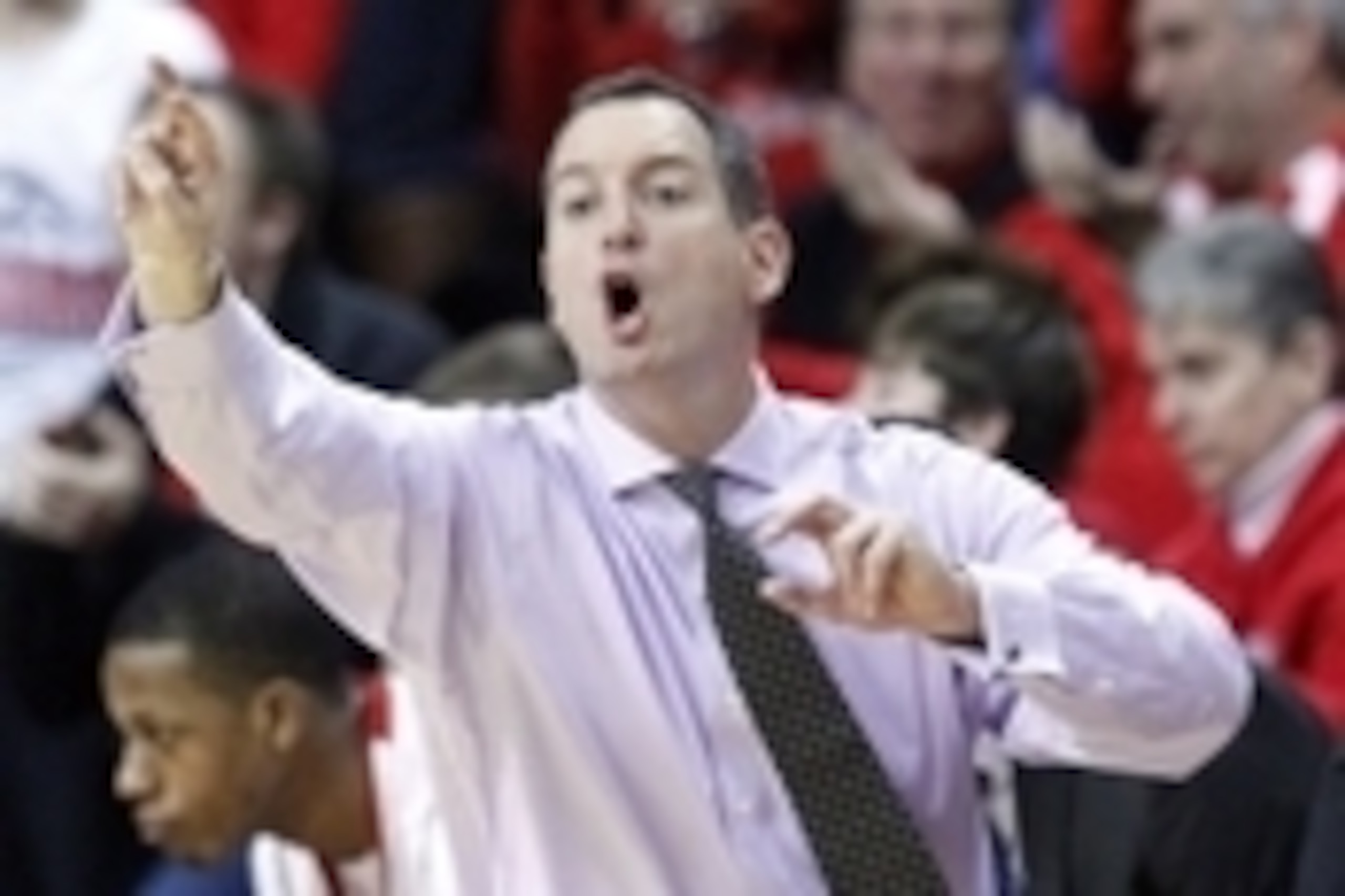 Jan 9, 2013; Piscataway, NJ, USA;  Rutgers Scarlet Knights head coach Mike Rice reacts during the second half against the Georgetown Hoyas at the Louis Brown Athletic Center. Georgetown Hoyas defeat the Rutgers Scarlet Knights 69-63. Mandatory Credit: Jim