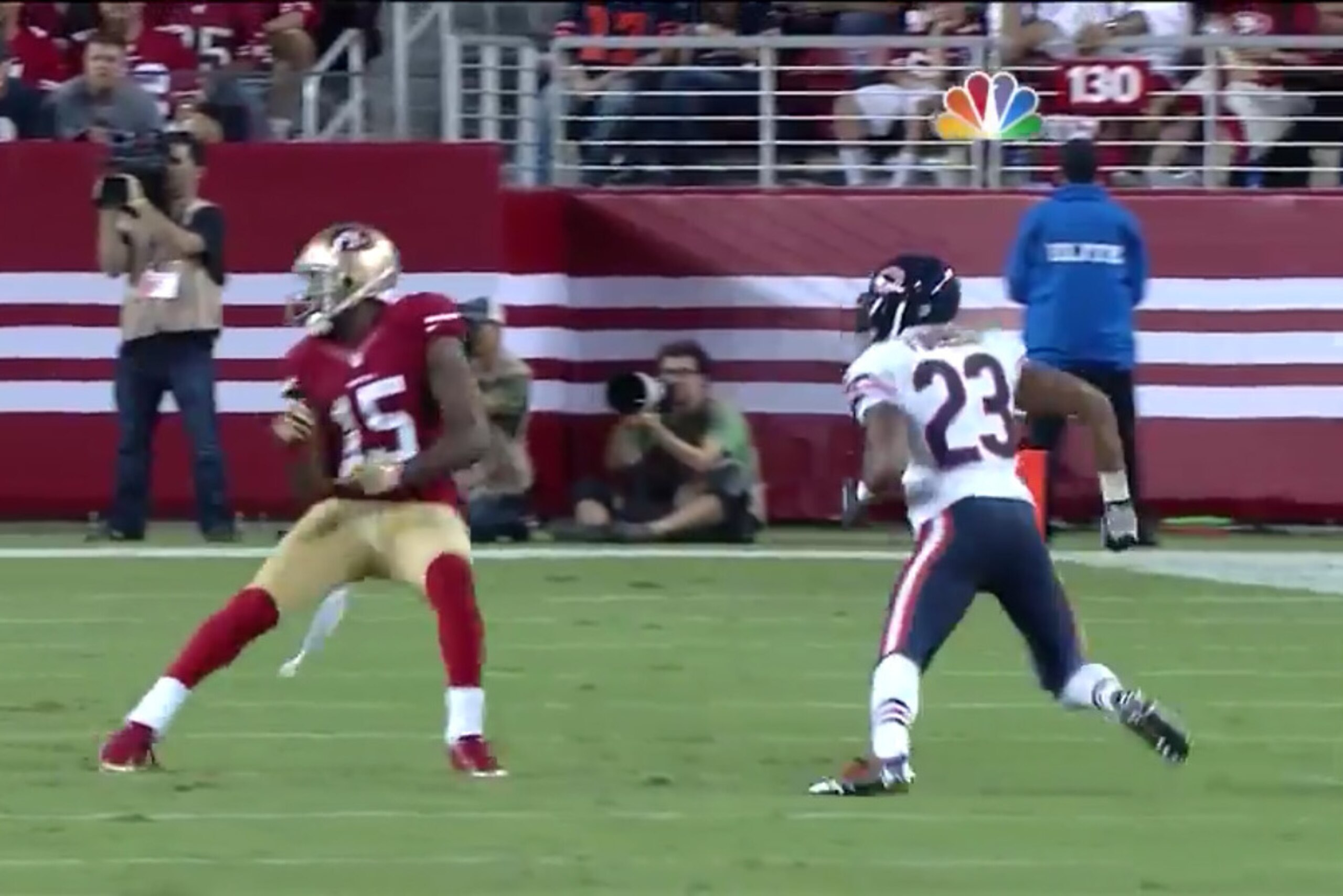 Fuller's first INT: The rookie takes a risk and jumps the route. Fuller's first INT: The rookie takes a risk and jumps the route.
